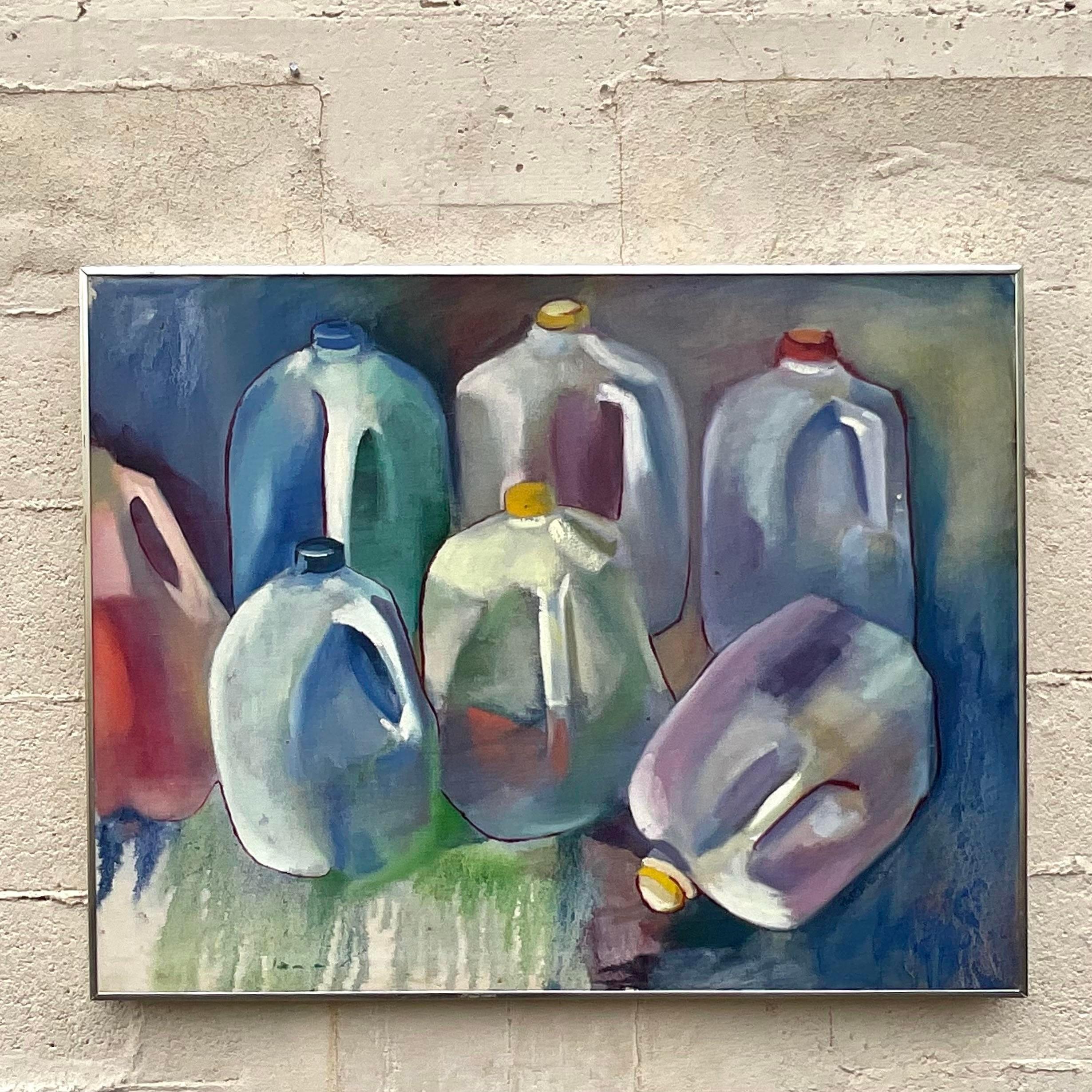 20th Century Vintage Still Life Painting of Milk Gallons- Signed For Sale