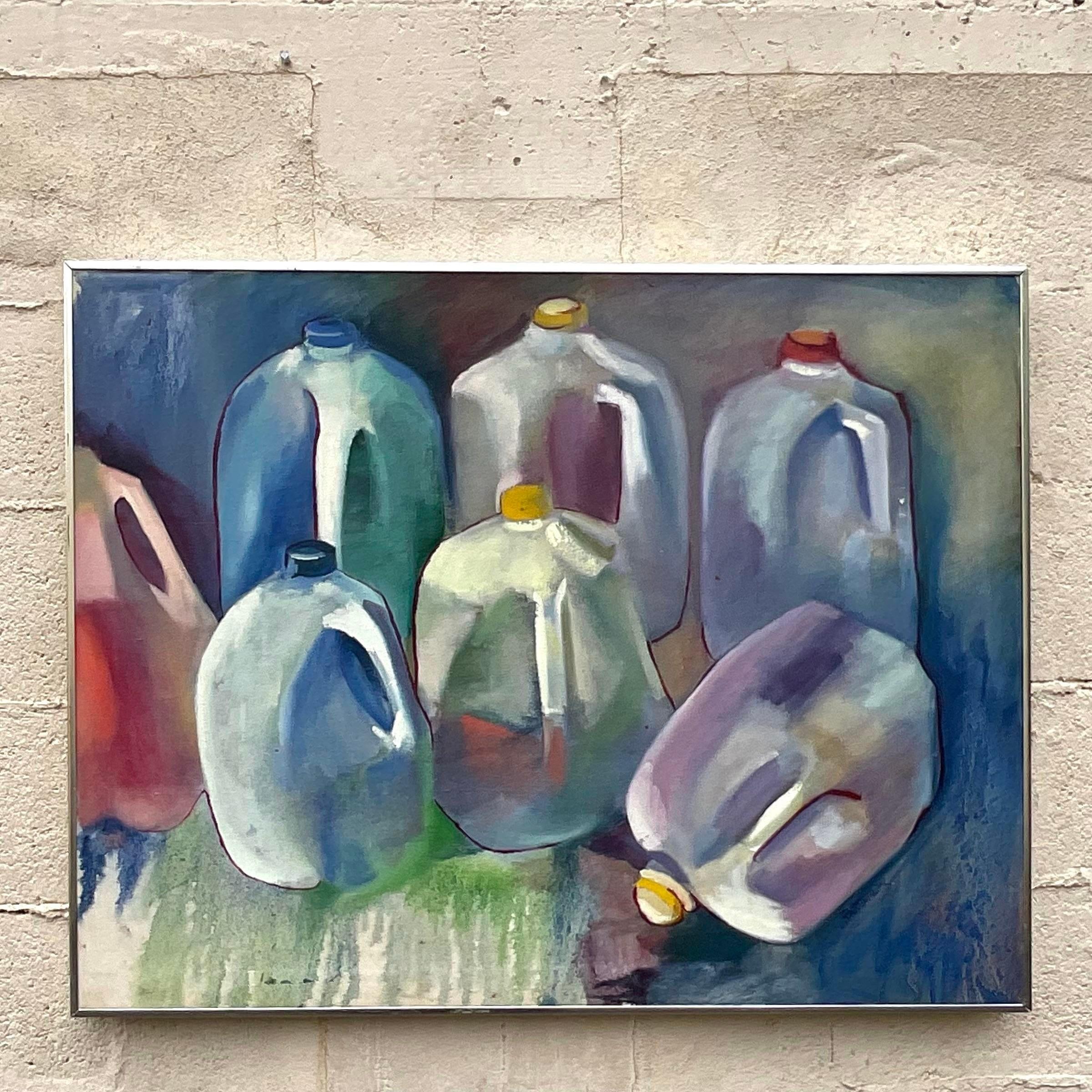 Vintage Still Life Painting of Milk Gallons- Signed For Sale 1