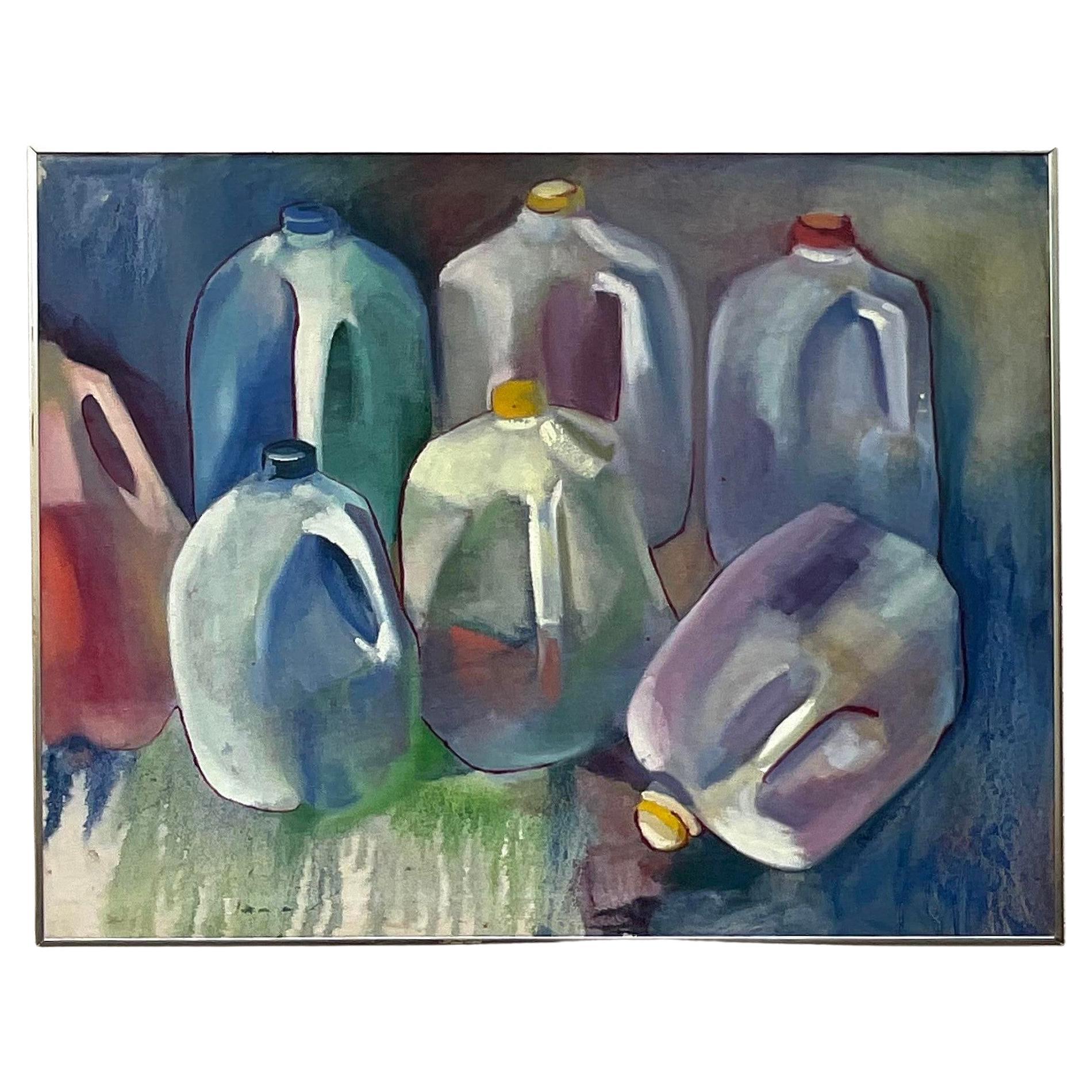 Vintage Still Life Painting of Milk Gallons- Signed For Sale