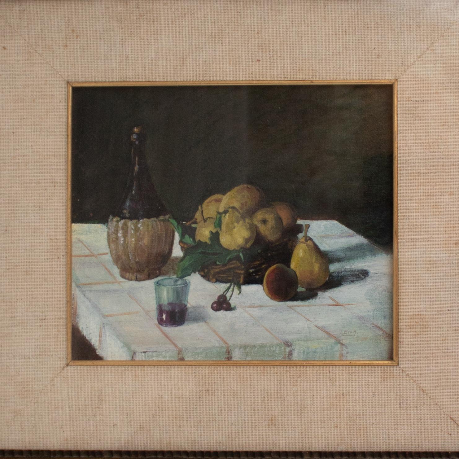 European Vintage Still Life Painting of Pears and Grapes in Frame