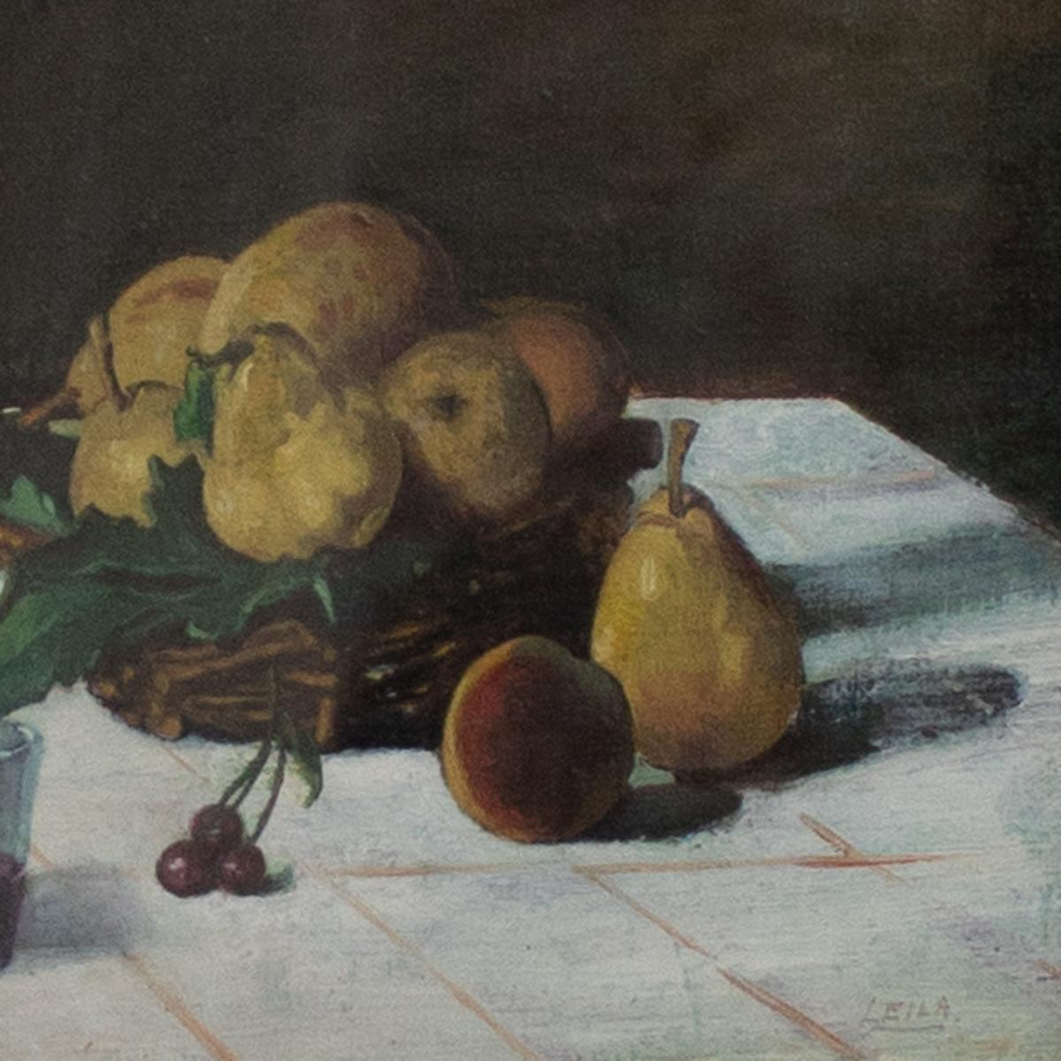 20th Century Vintage Still Life Painting of Pears and Grapes in Frame
