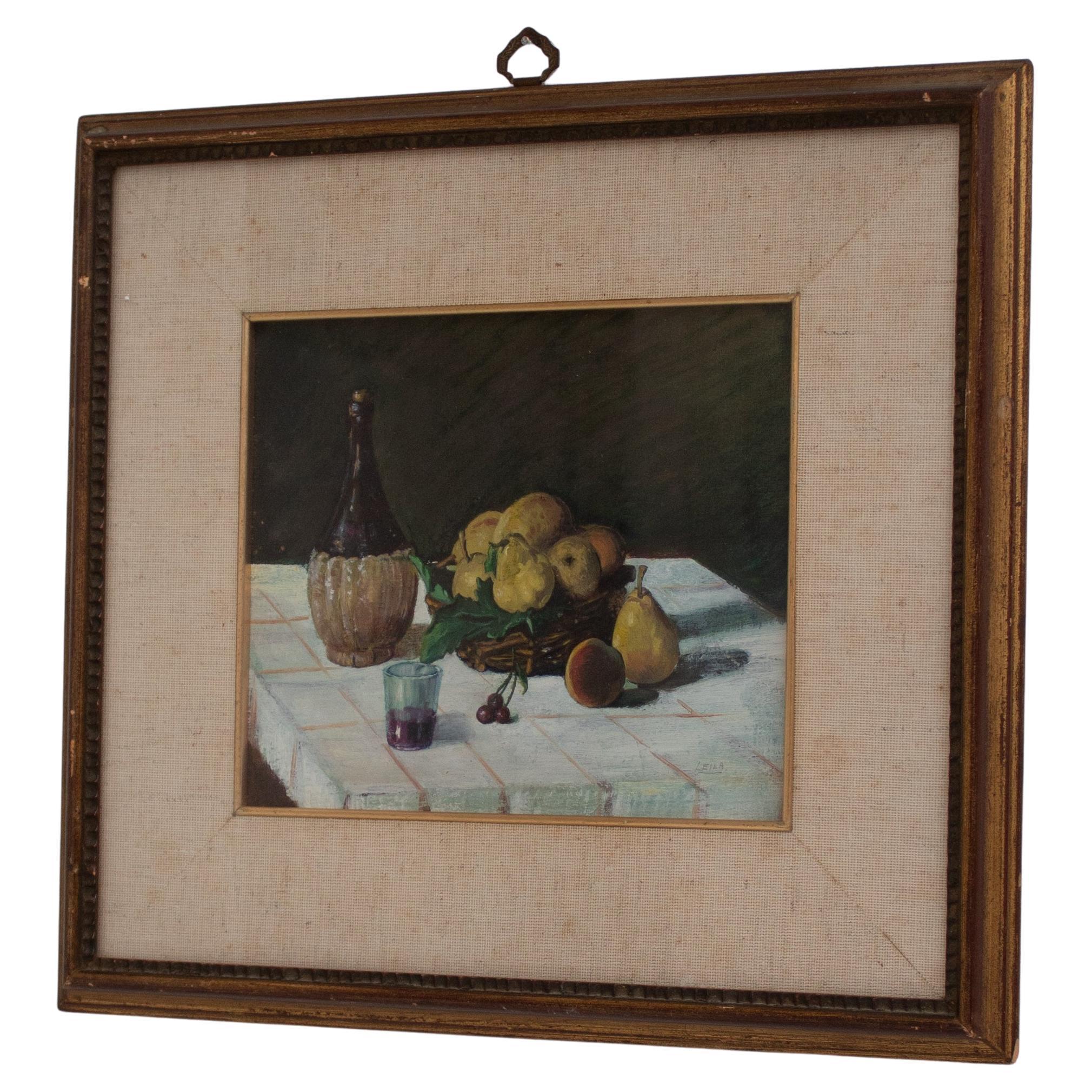 Vintage Still Life Painting of Pears and Grapes in Frame