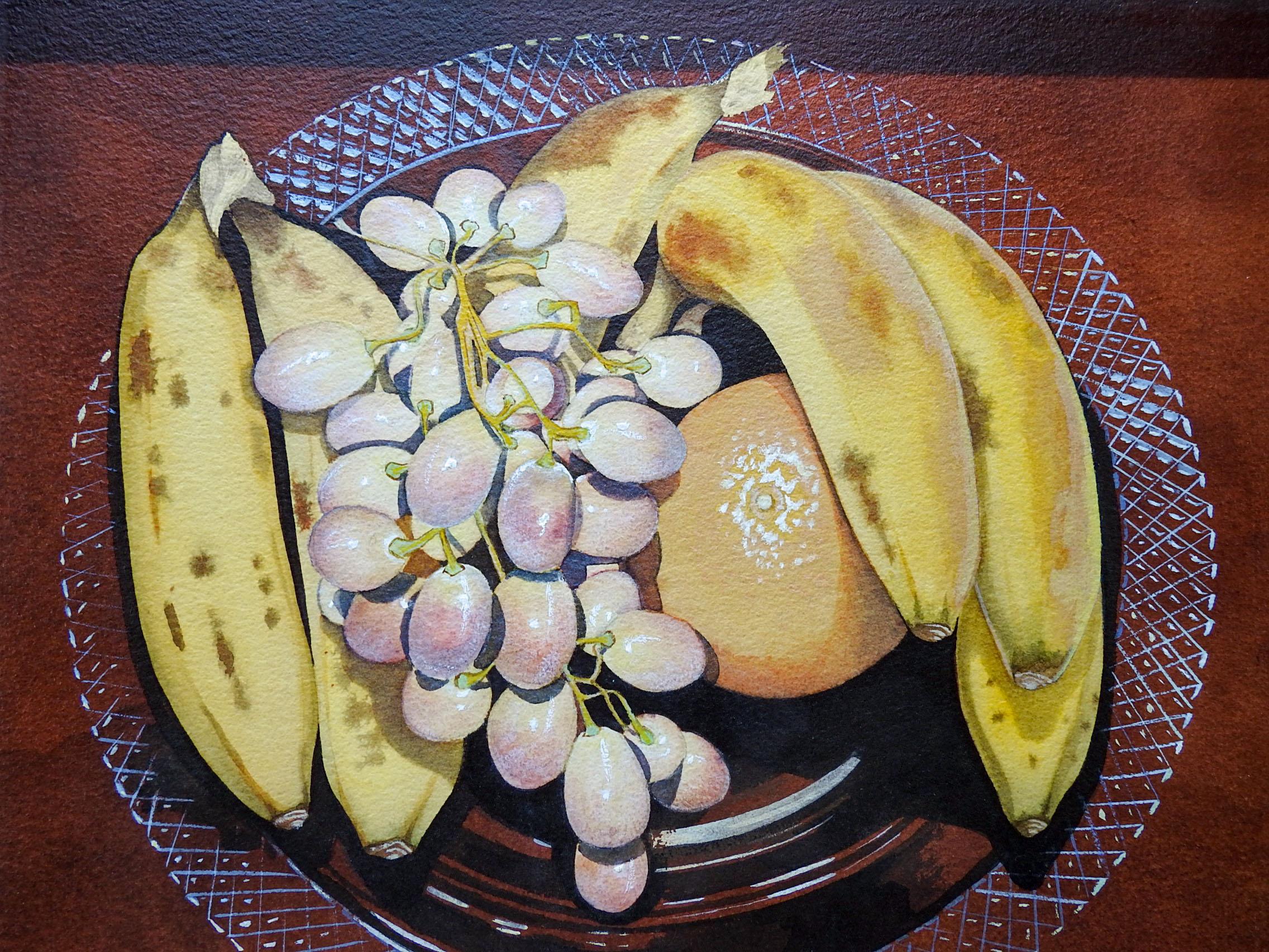 Mid-Century Modern Peinture de nature morte vintage avec bananes et raisins en vente