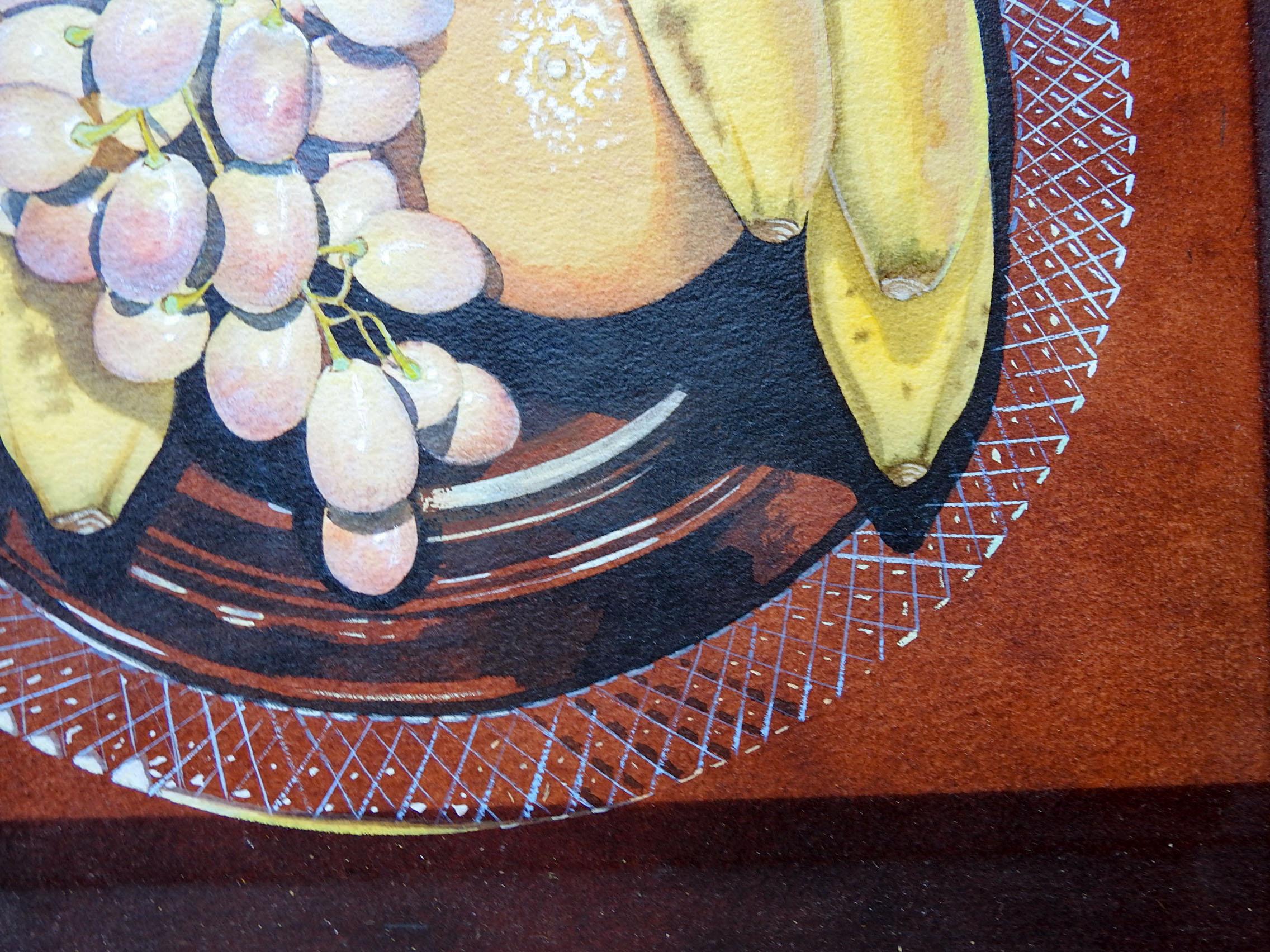 Américain Peinture de nature morte vintage avec bananes et raisins en vente