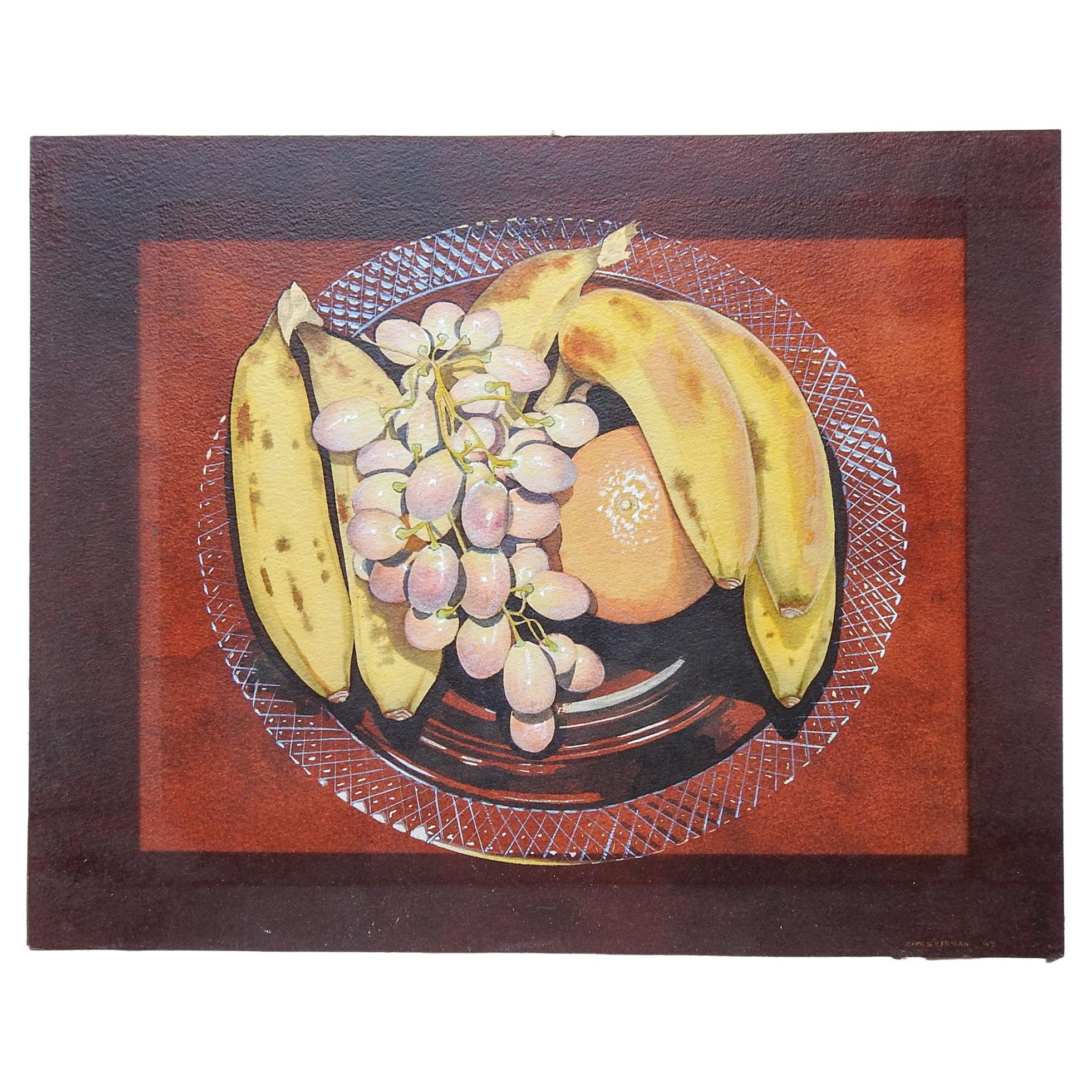 Peinture de nature morte vintage avec bananes et raisins en vente