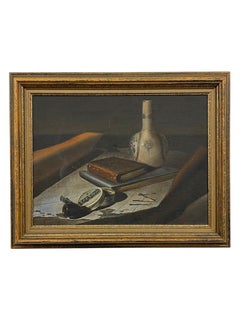 Vintage Stillleben mit Flasche, Buch, Pfeife - signiert von Cannon
