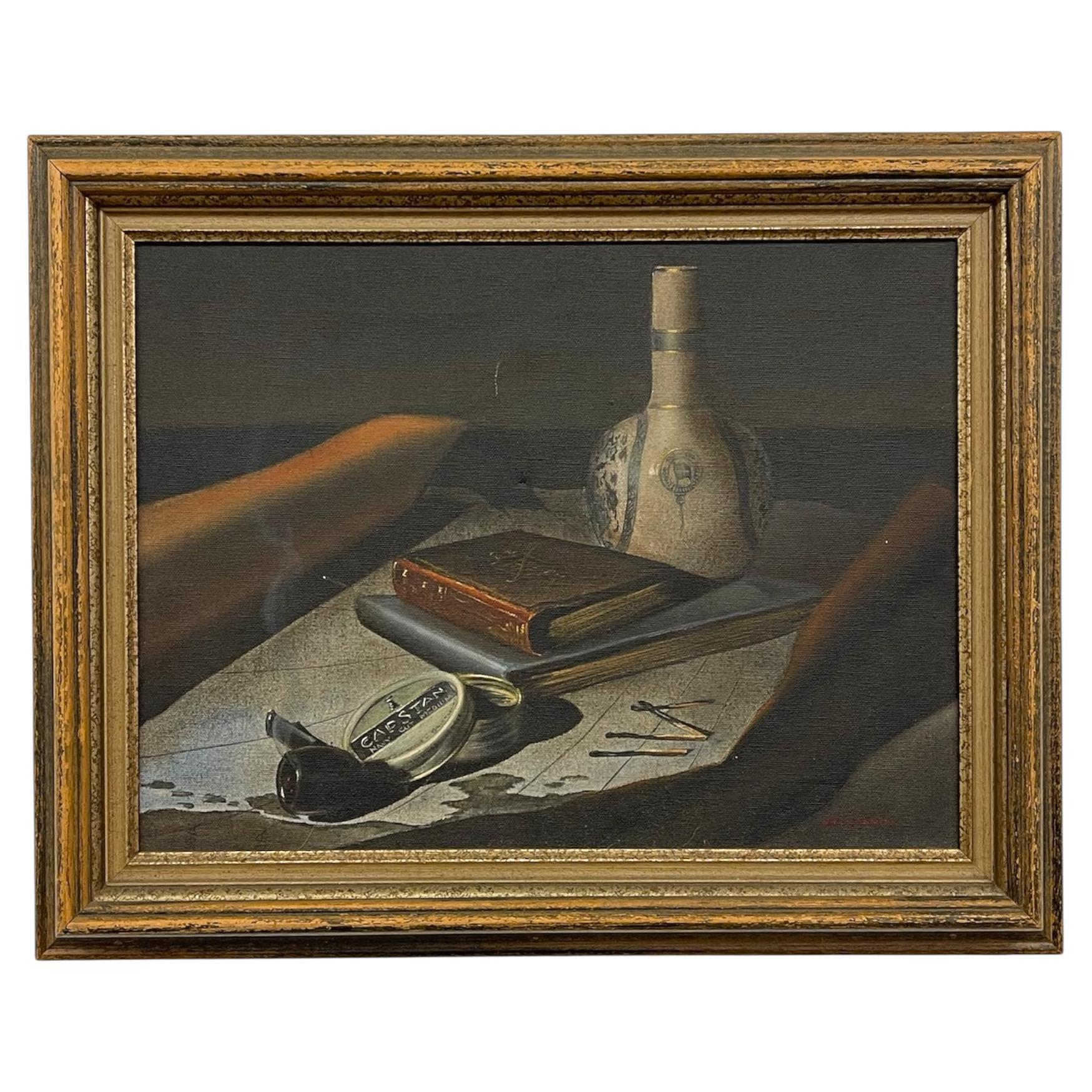 Vintage Stillleben mit Flasche, Buch, Pfeife - signiert von Cannon
