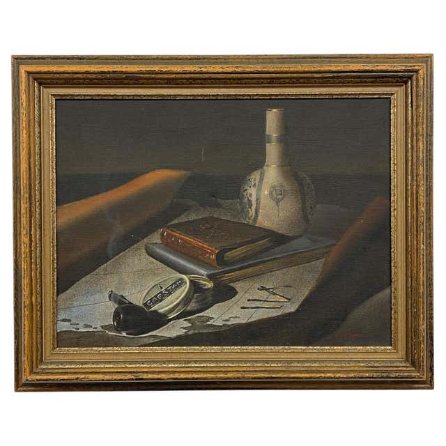 Vintage Still Life Oil Painting with Bottle, Ceramic Pitcher and Apple ...