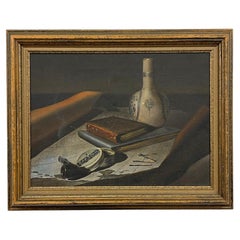 Vintage Stillleben mit Flasche, Buch, Pfeife - signiert von Cannon