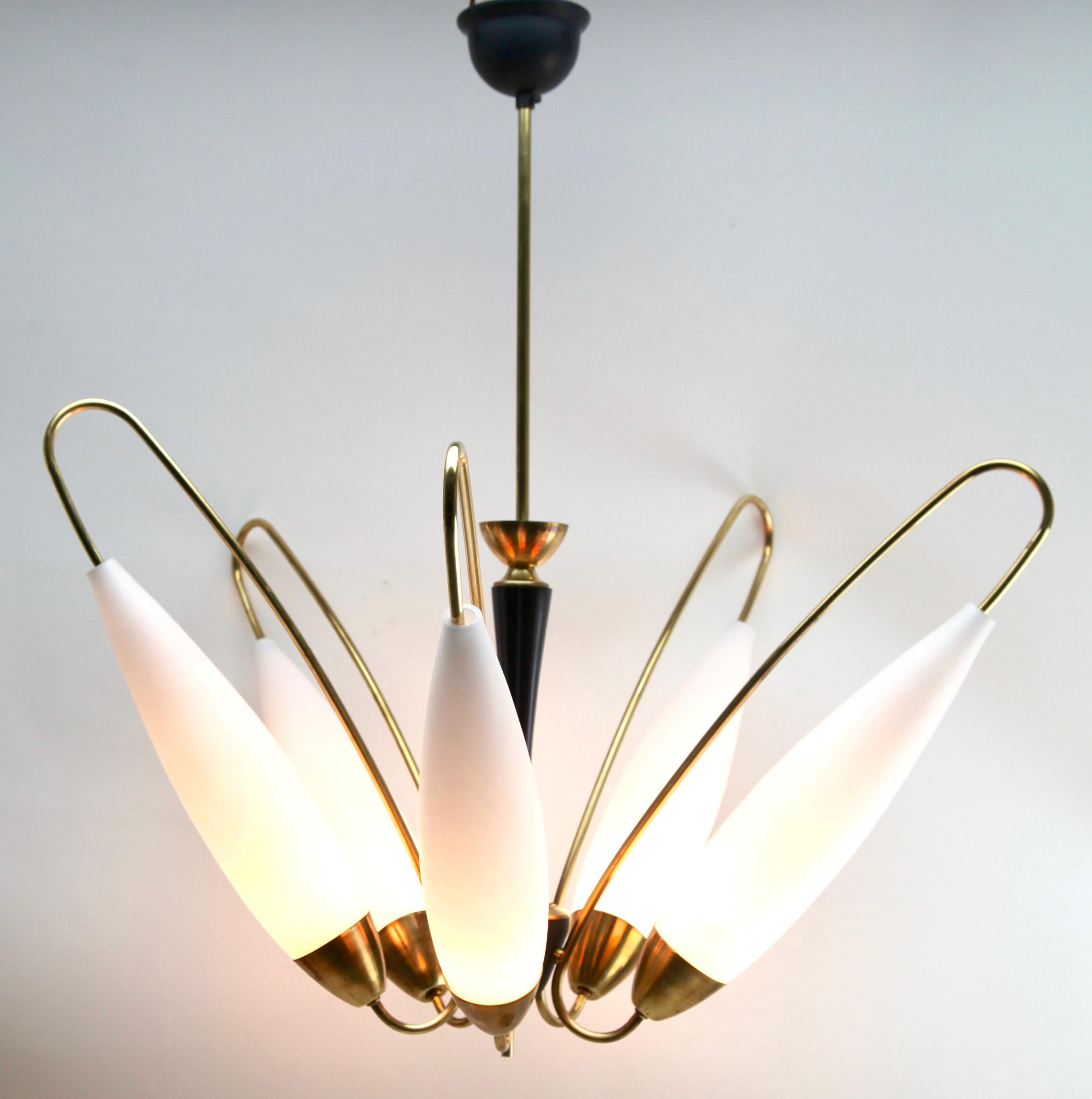 Five arms chandelier in the style of Stilnovo.
Photography fails to capture the simple elegant illumination provided by this lamp.

Recently cleaned and polished so that it in excellent condition and in full working order having also
been re-wired