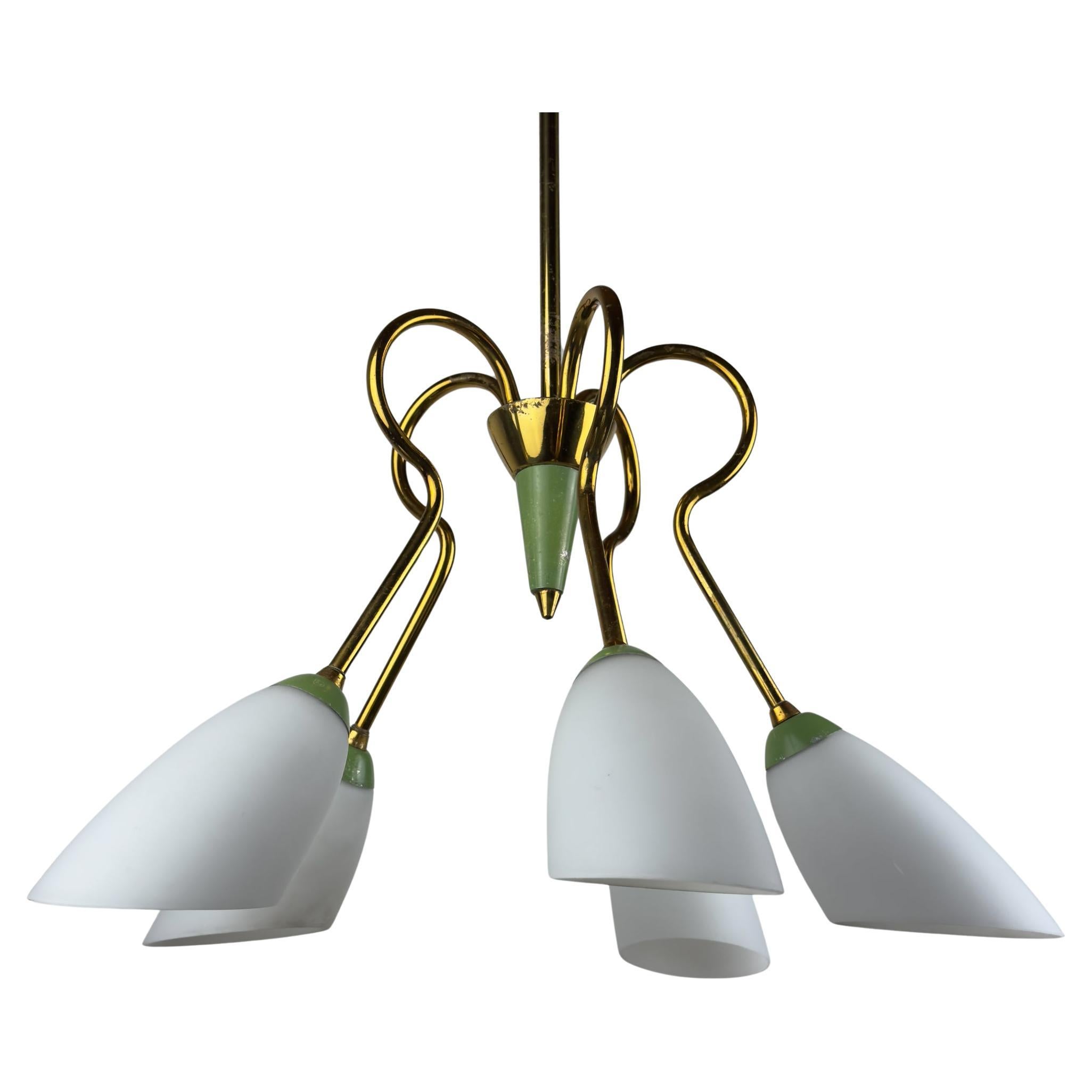 Vintage Stilnovo Chandelier, Brass & Murano Glass, Mid-Century Modern
