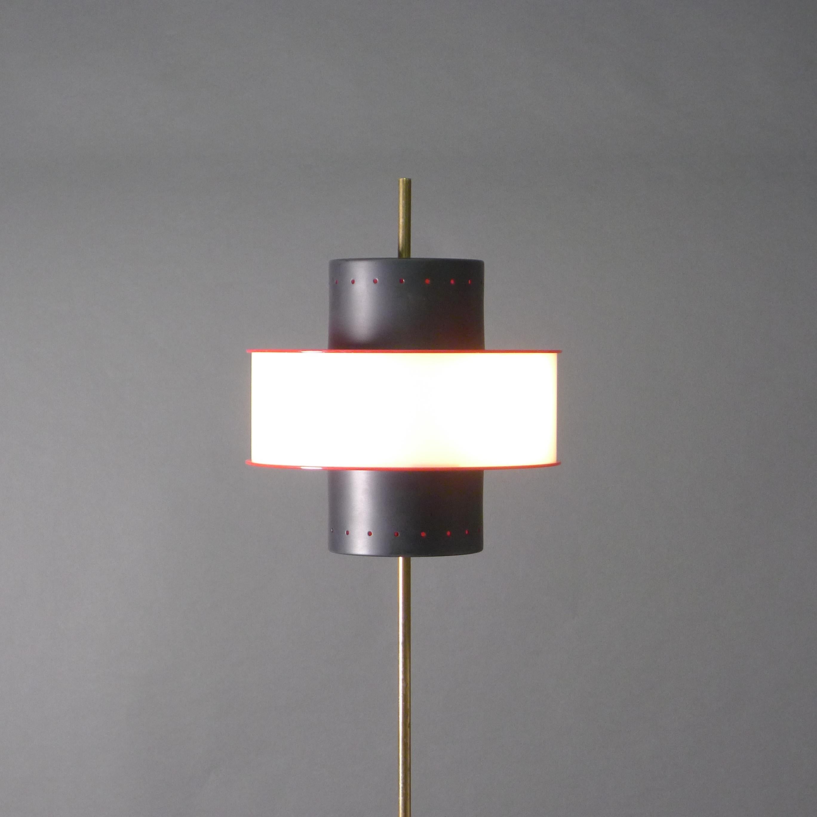 Vintage Stilnovo Floor Lamp, Black, White and Red Perforated Shade, Marble Base For Sale 5