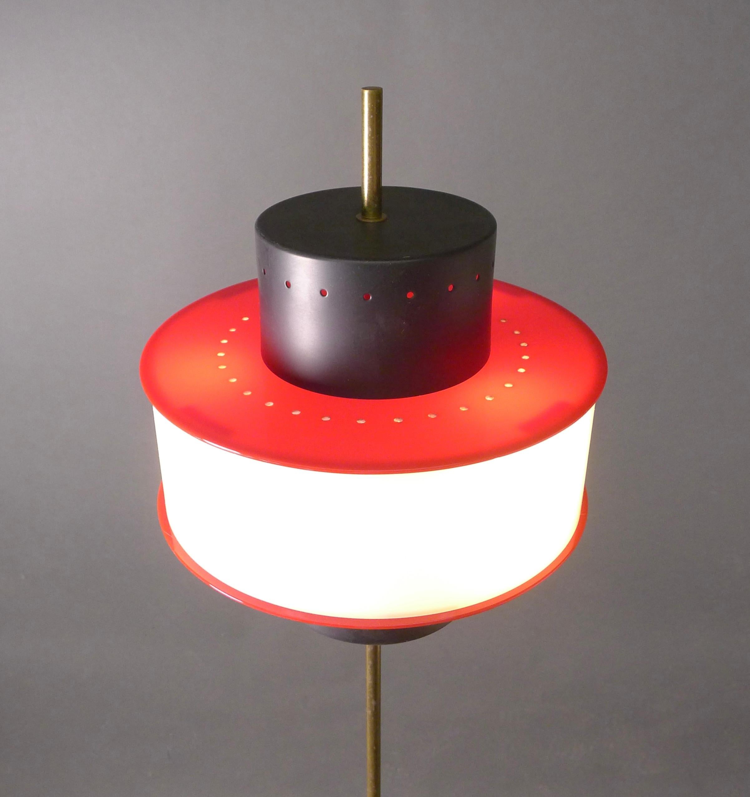 Mid-Century Modern Vintage Stilnovo Floor Lamp, Black, White and Red Perforated Shade, Marble Base For Sale