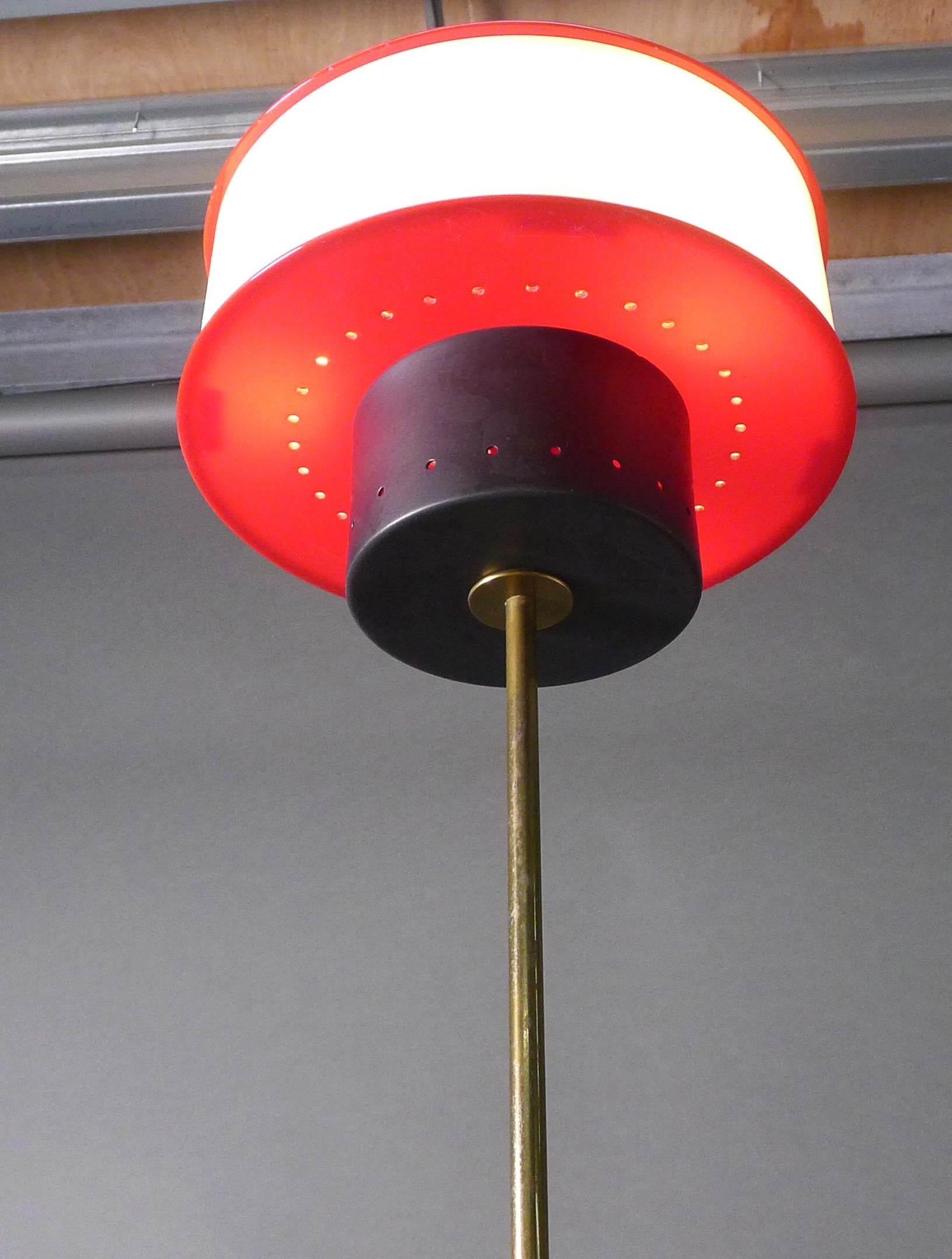 Vintage Stilnovo Floor Lamp, Black, White and Red Perforated Shade, Marble Base In Good Condition For Sale In Wargrave, Berkshire