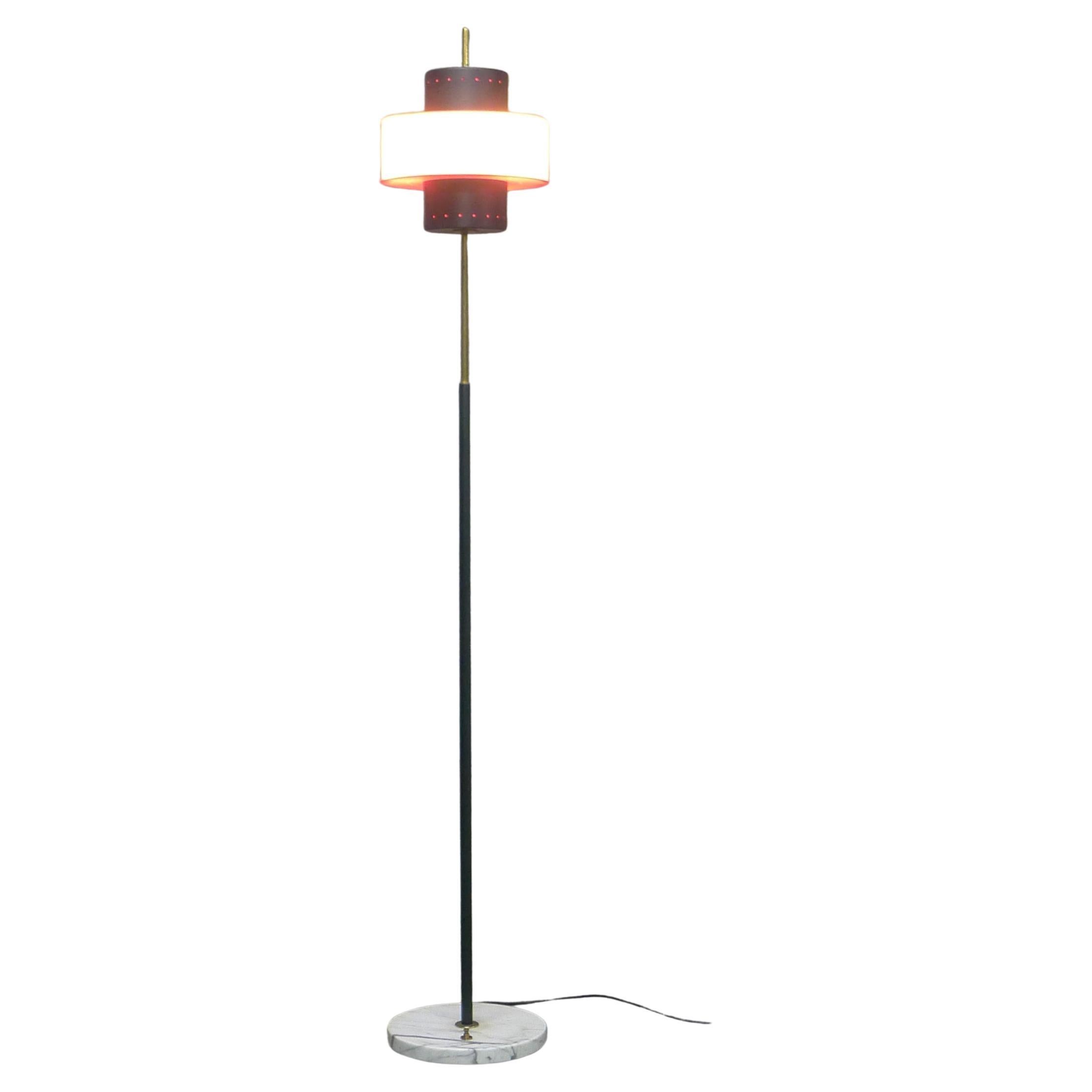 Vintage Stilnovo Floor Lamp, Black, White and Red Perforated Shade, Marble Base