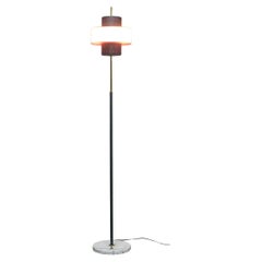 Vintage Stilnovo Floor Lamp, Black, White and Red Perforated Shade, Marble Base