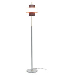 Retro Stilnovo Floor Lamp, Black, White and Red Perforated Shade, Marble Base