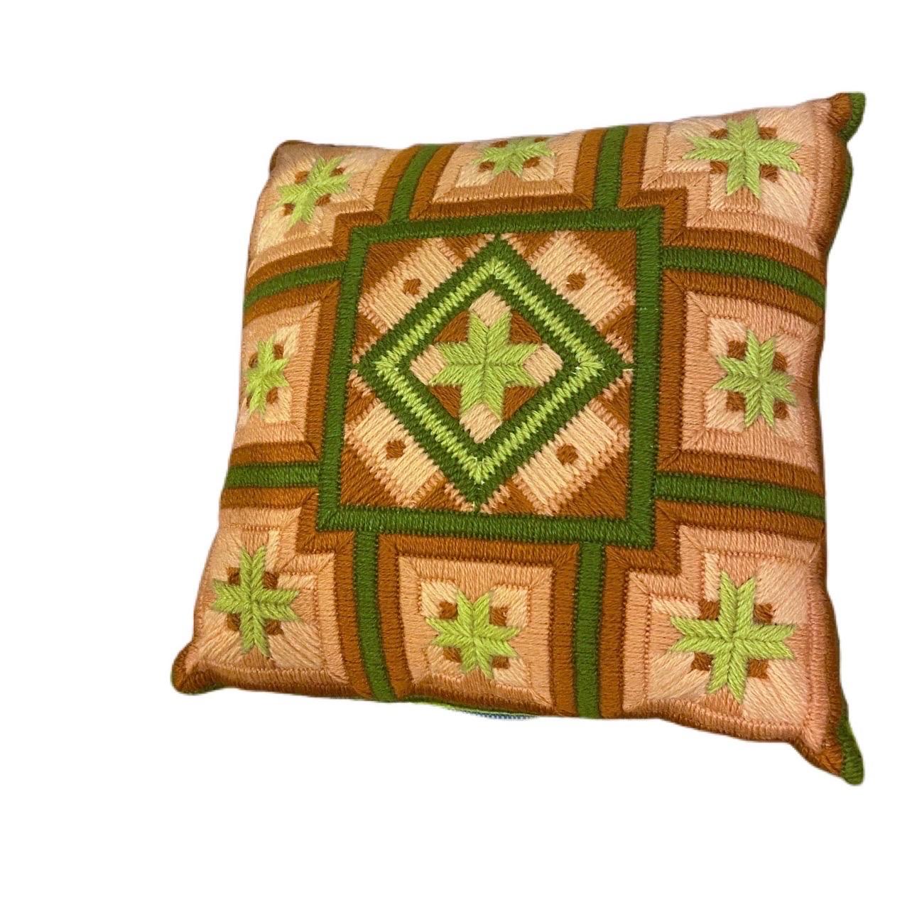 Vintage Stitching Pink, Green, and Umber Geometric Pillow For Sale 3