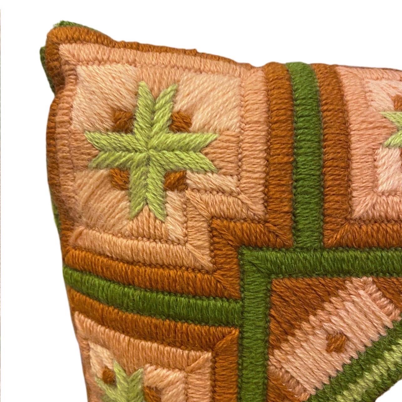 Mid-Century Modern Vintage Stitching Pink, Green, and Umber Geometric Pillow For Sale