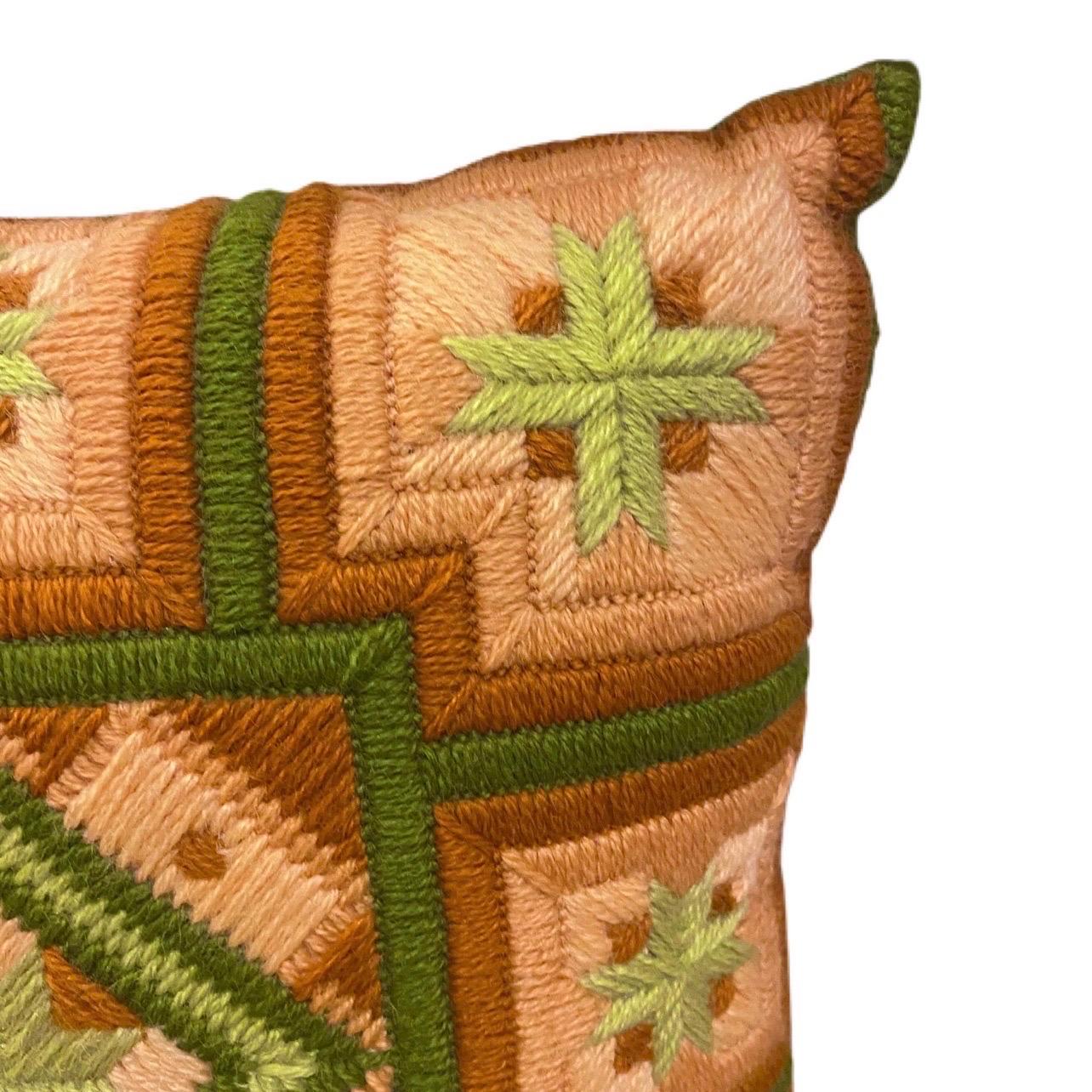 American Vintage Stitching Pink, Green, and Umber Geometric Pillow For Sale