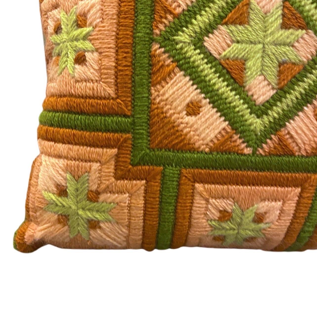 Vintage Stitching Pink, Green, and Umber Geometric Pillow In Good Condition For Sale In Charleston, SC