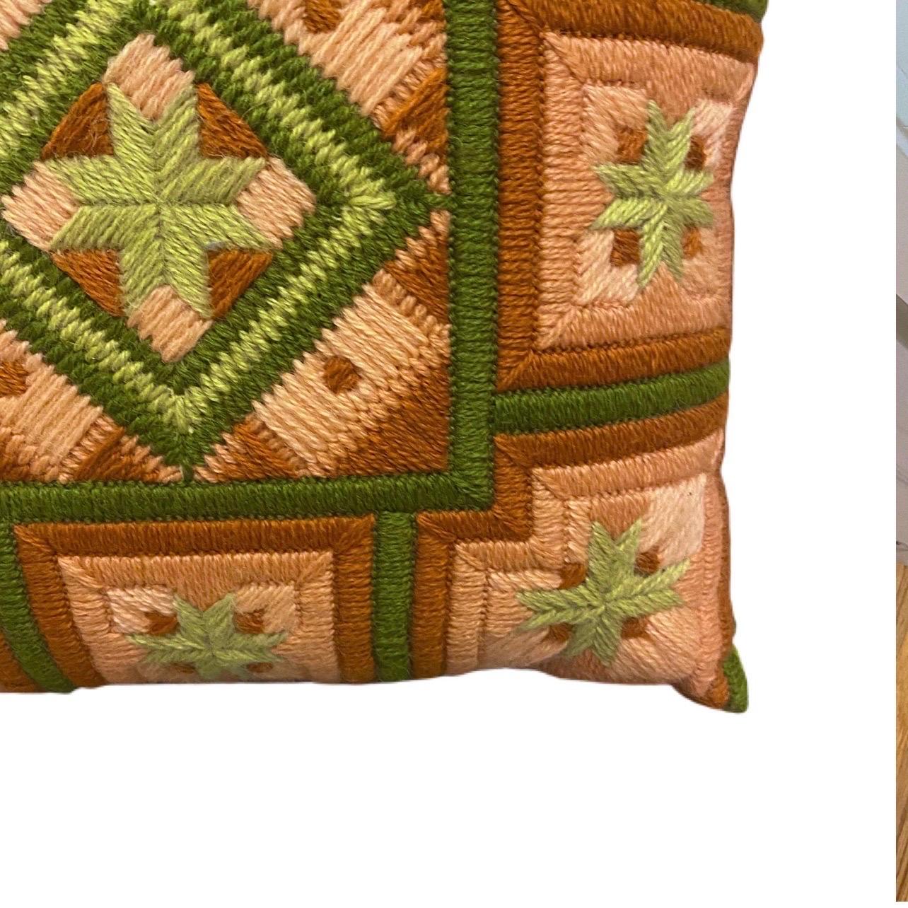 20th Century Vintage Stitching Pink, Green, and Umber Geometric Pillow For Sale