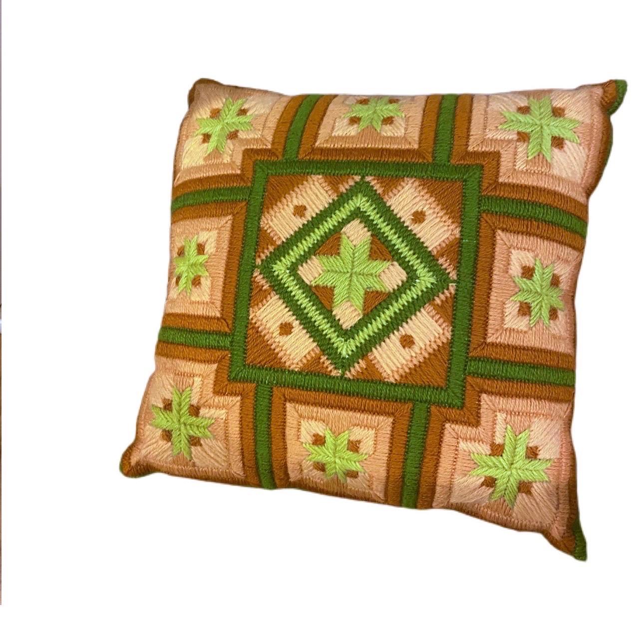 Vintage Stitching Pink, Green, and Umber Geometric Pillow For Sale 1
