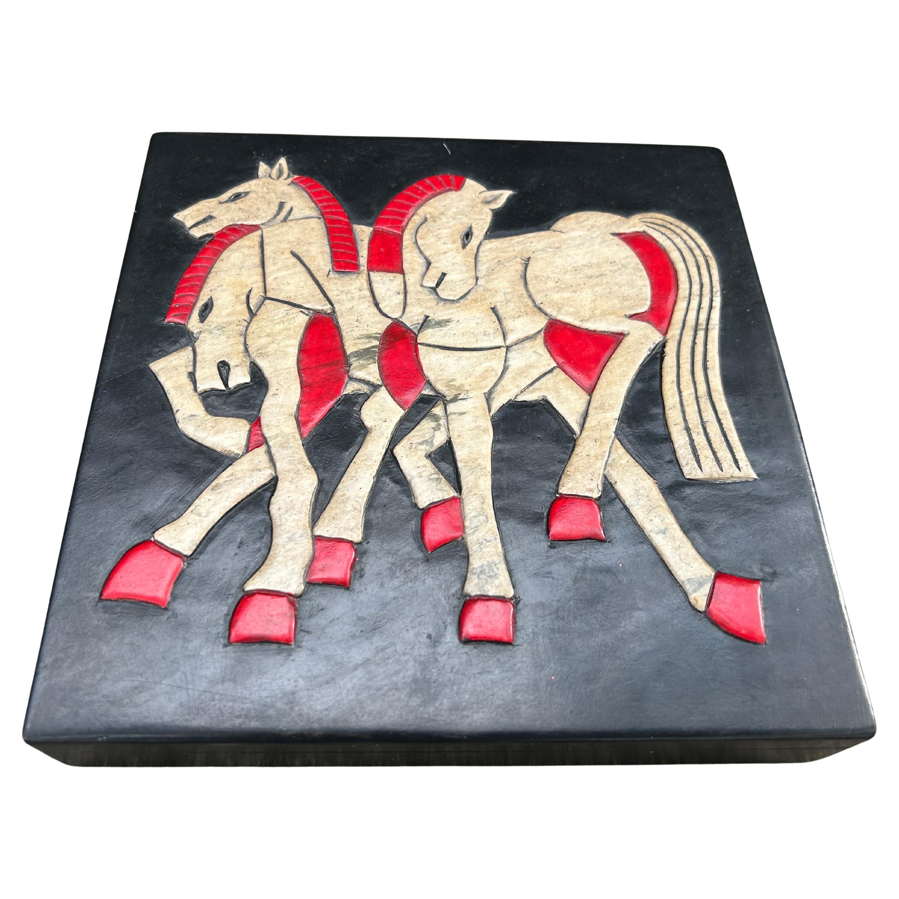 Vintage Stone Box With Horses