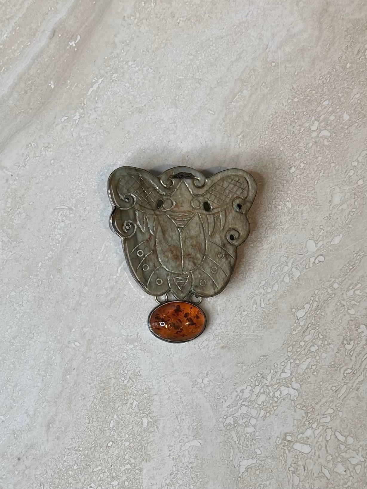 Cabochon Vintage Stone Brooch with Amber For Sale