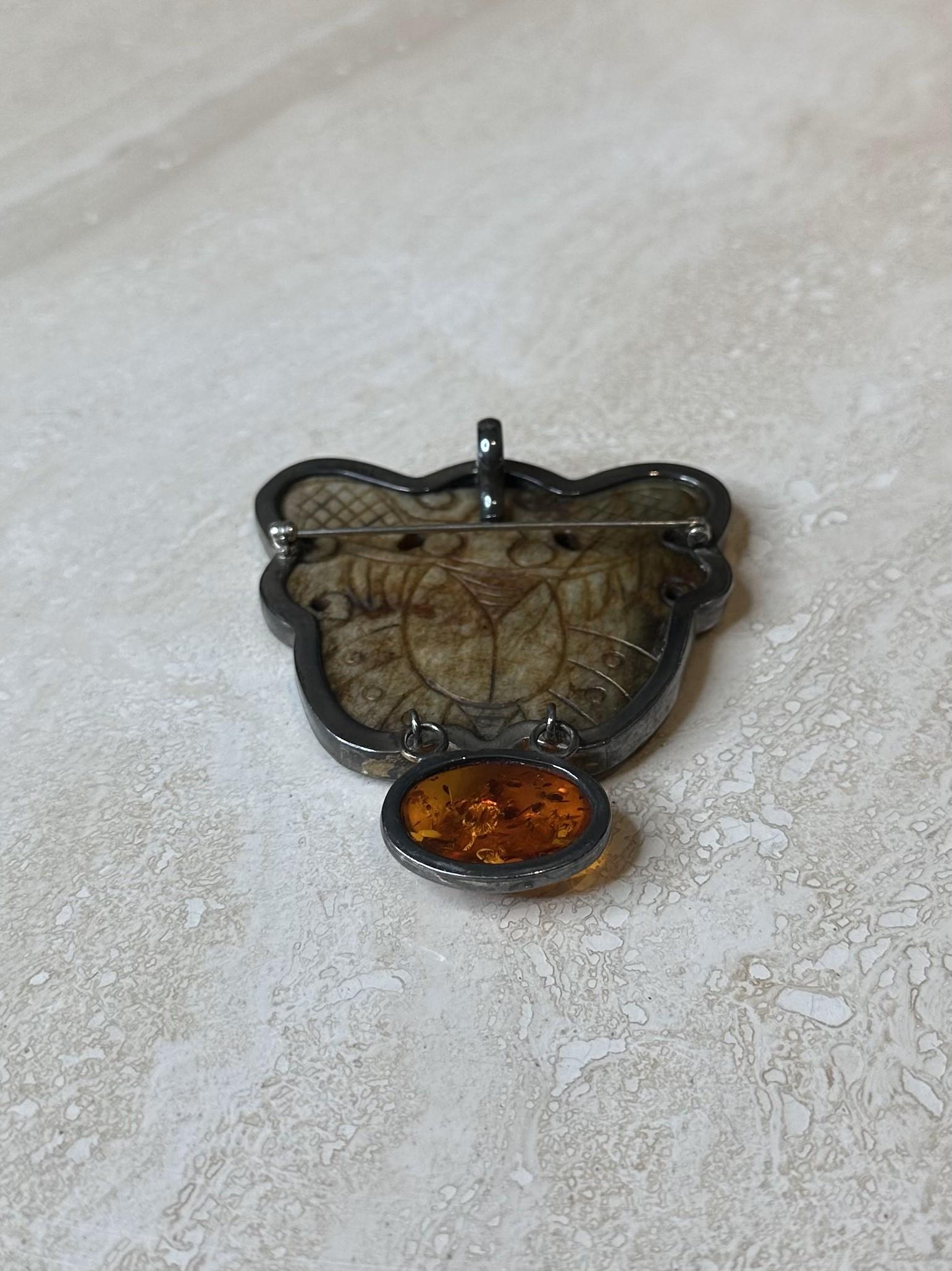 Women's or Men's Vintage Stone Brooch with Amber For Sale