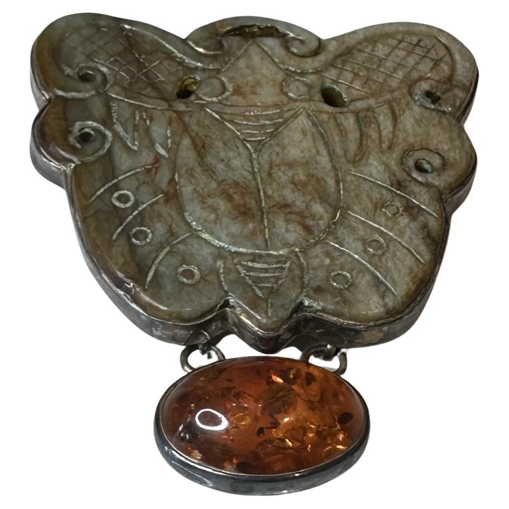 Vintage Stone Brooch with Amber For Sale