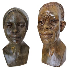 Vintage Stone Busts of African Man and Woman by Unknown Shona Artist