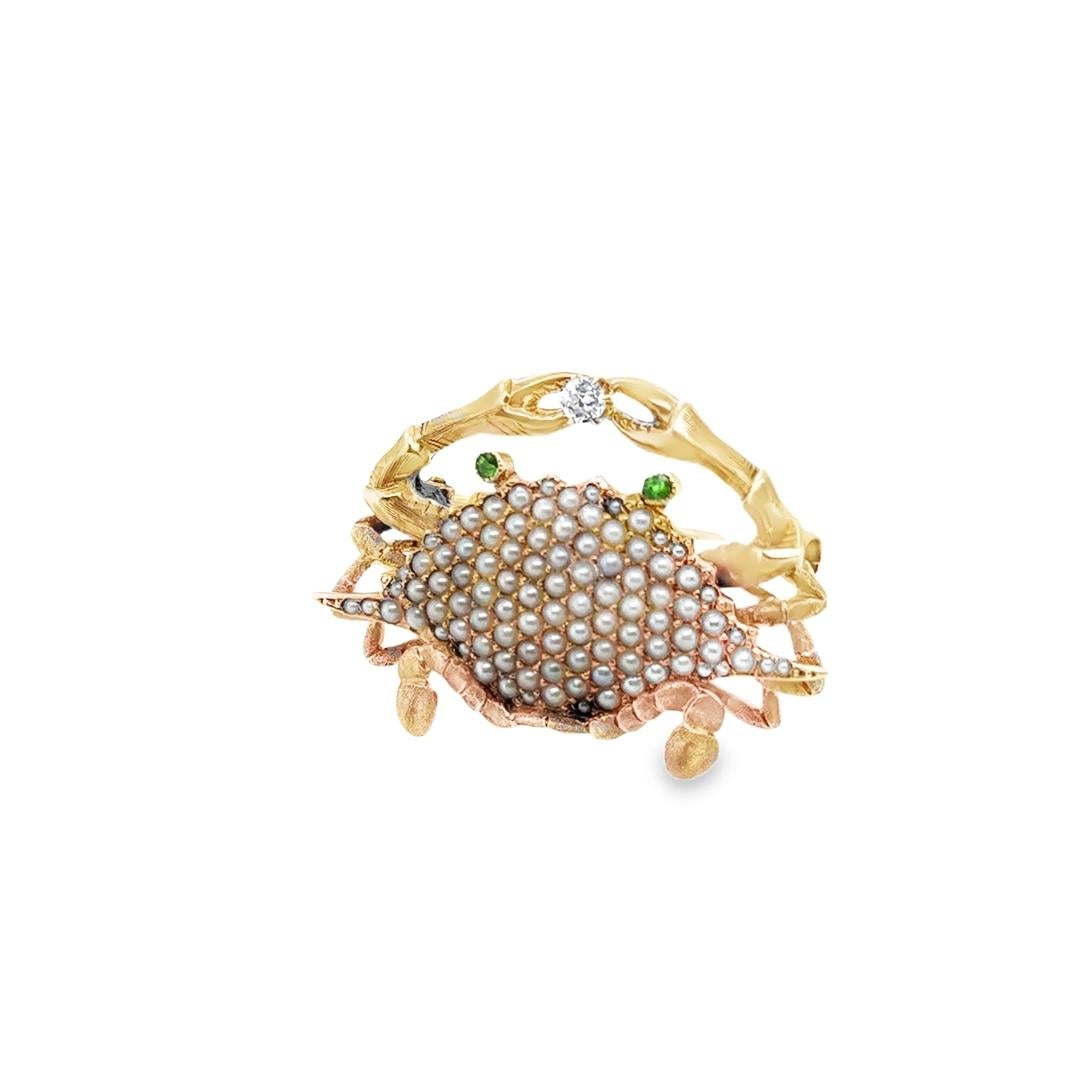 Retro Vintage Stone Crab Pendant Diamond Tsavorite & Natural Seed Pearl Pendant Brooch For Sale