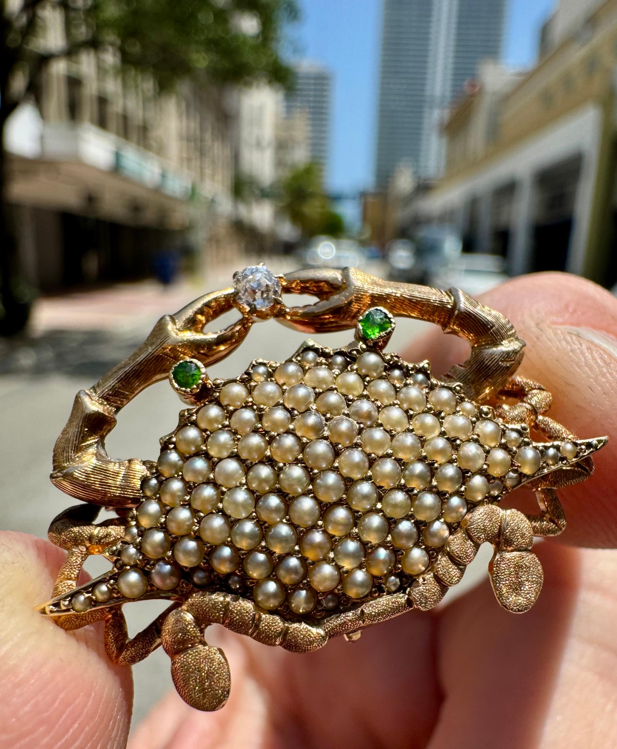 Mixed Cut Vintage Stone Crab Pendant Diamond Tsavorite & Natural Seed Pearl Pendant Brooch For Sale