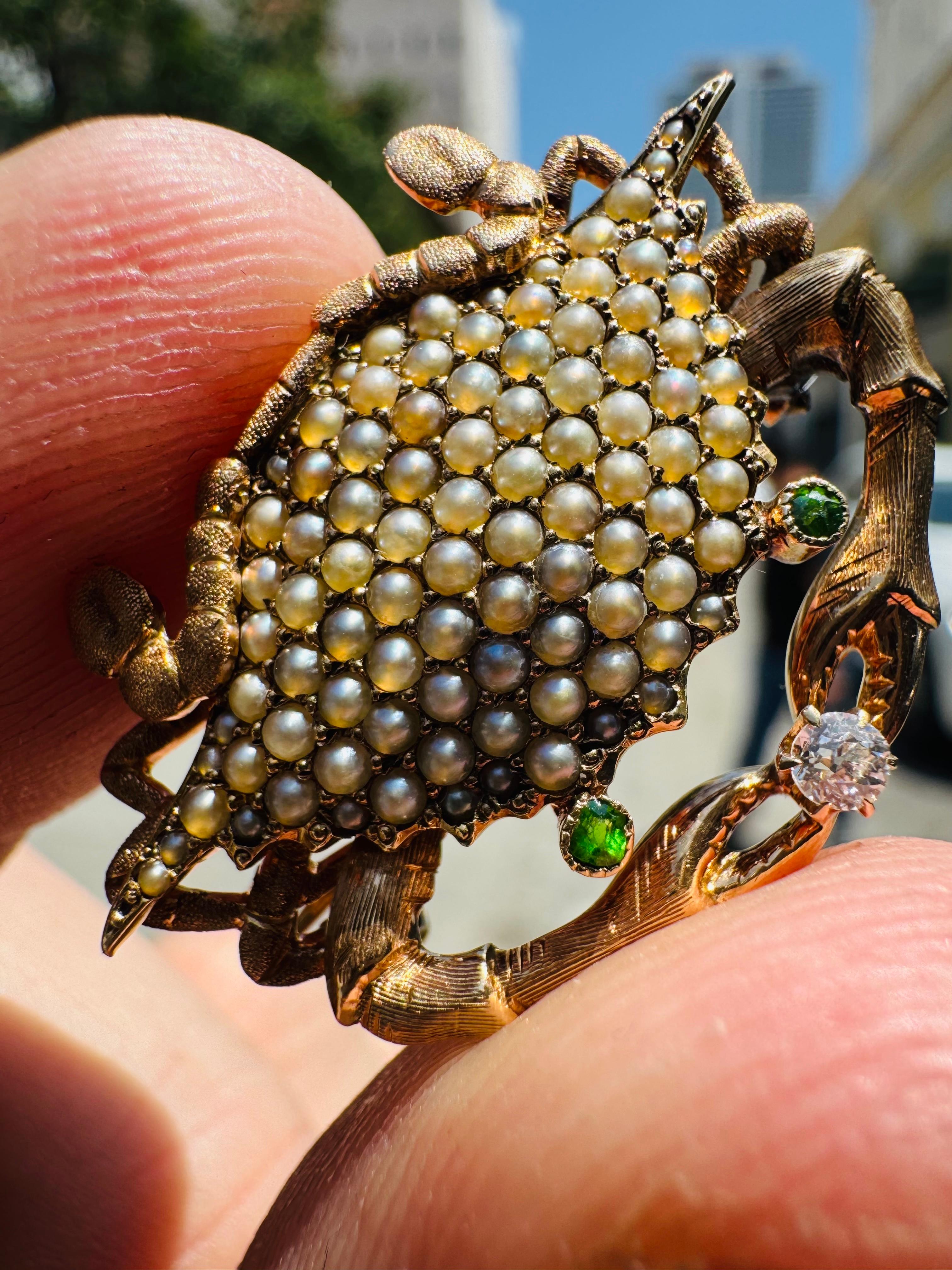 Women's or Men's Vintage Stone Crab Pendant Diamond Tsavorite & Natural Seed Pearl Pendant Brooch For Sale