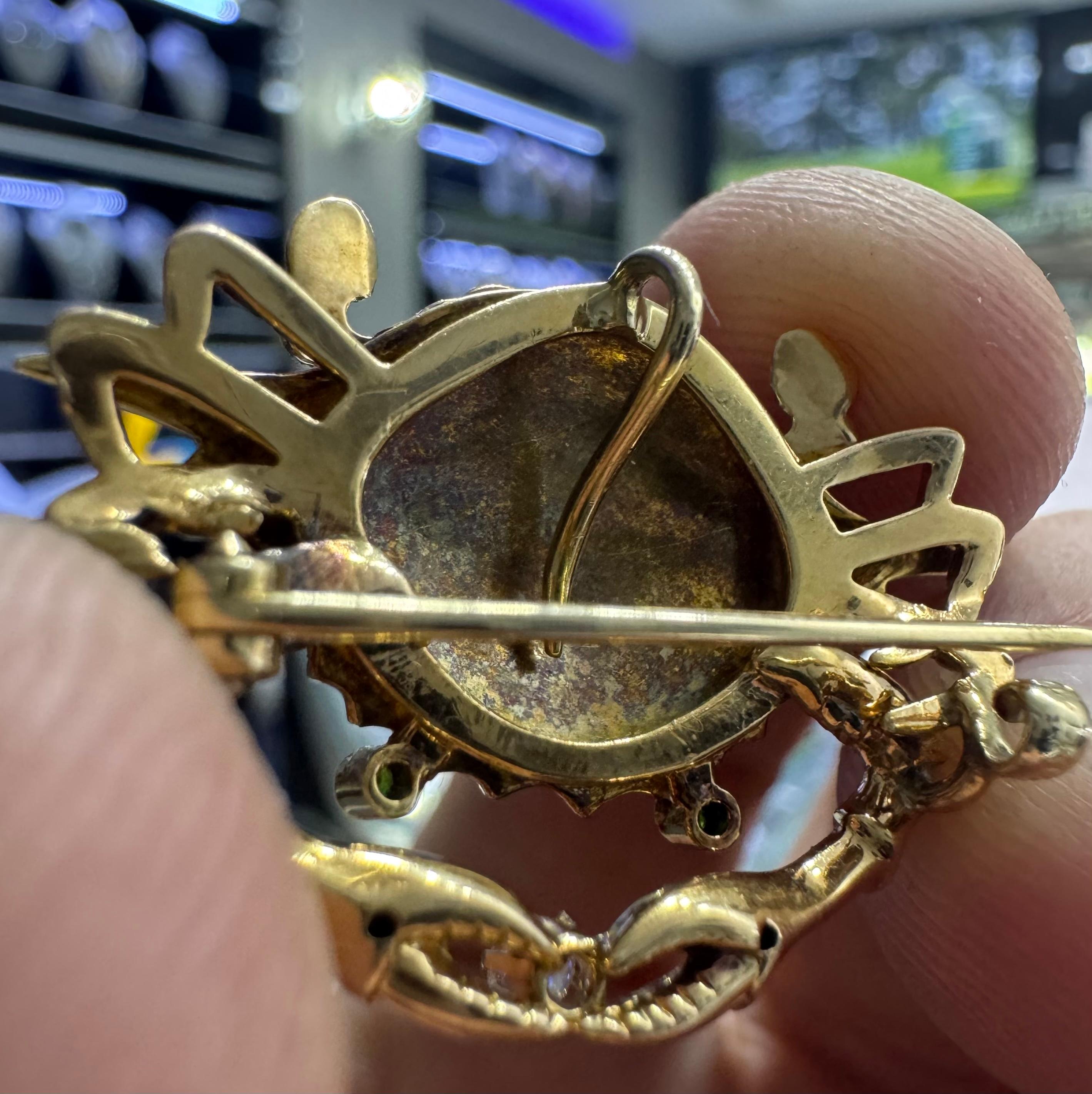 Vintage Stone Crab Pendant Diamond Tsavorite & Natural Seed Pearl Pendant Brooch For Sale 1