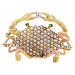Vintage Stone Crab Pendant Diamond Tsavorite & Natural Seed Pearl Pendant Brooch