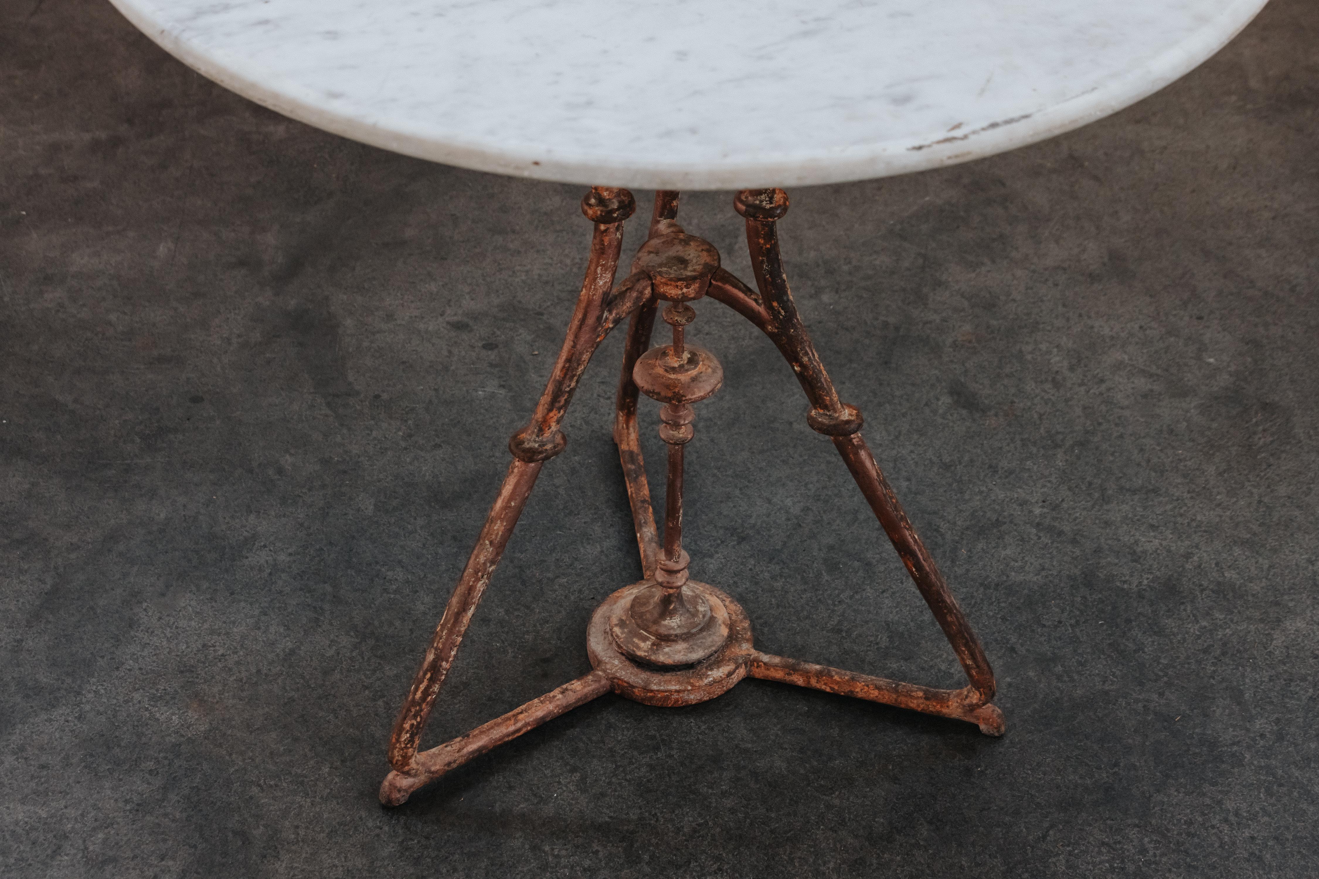 Vintage Stone Garden Table From France, Circa 1940.  Superb original salmon color paint on base.  Solid marble top.