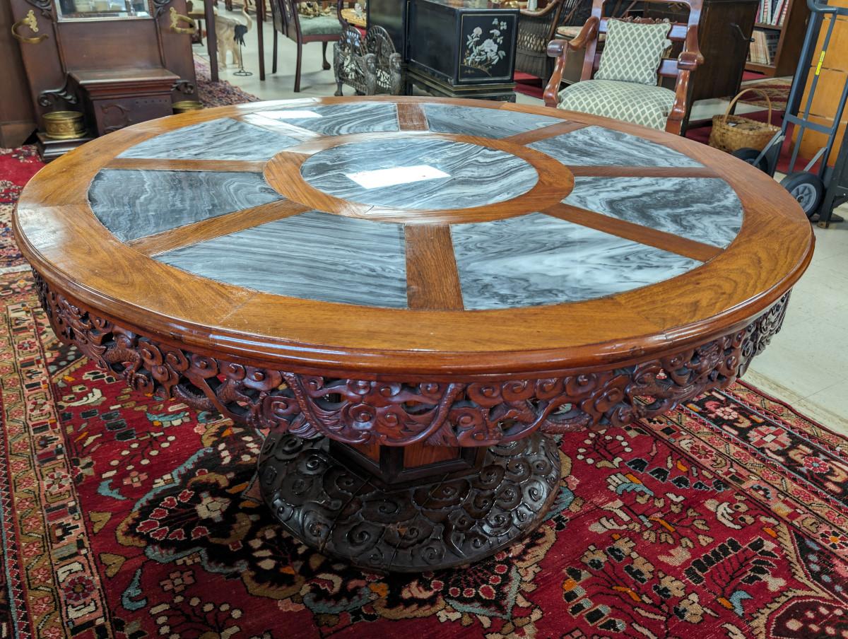 20th Century Vintage Stone Inlay Dining Table, 10 Chairs For Sale