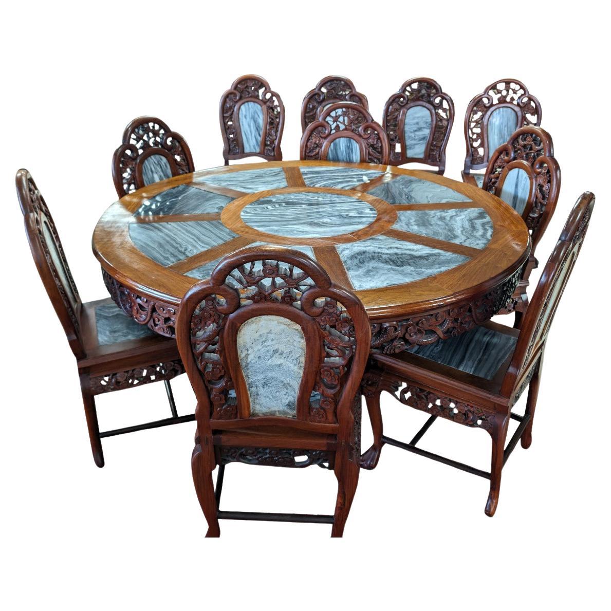 Vintage Stone Inlay Dining Table, 10 Chairs