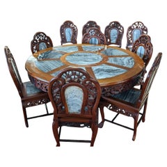 Vintage Stone Inlay Dining Table, 10 Chairs