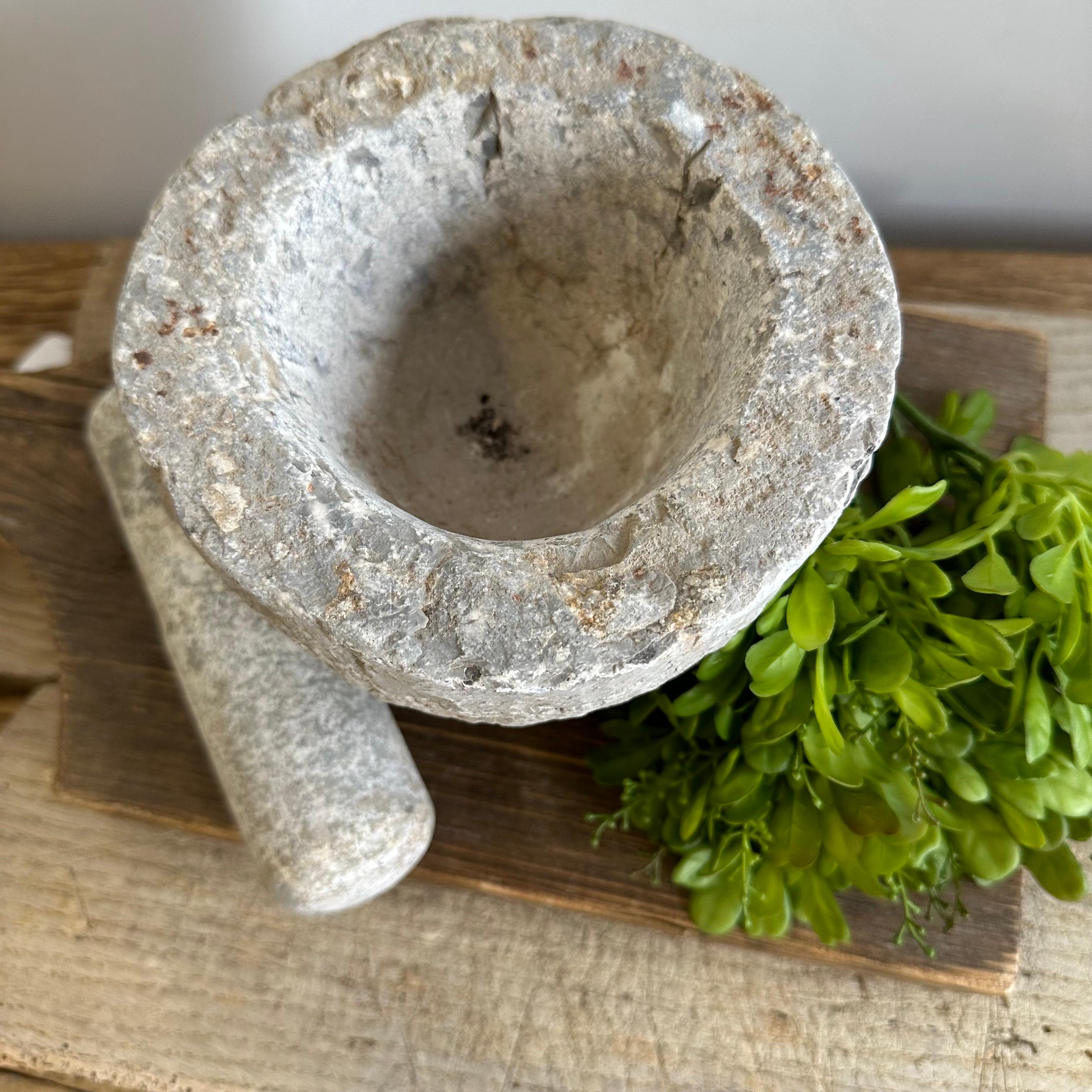 Vintage Stone Mortar Bowl and Pestle Set In Good Condition For Sale In Brea, CA