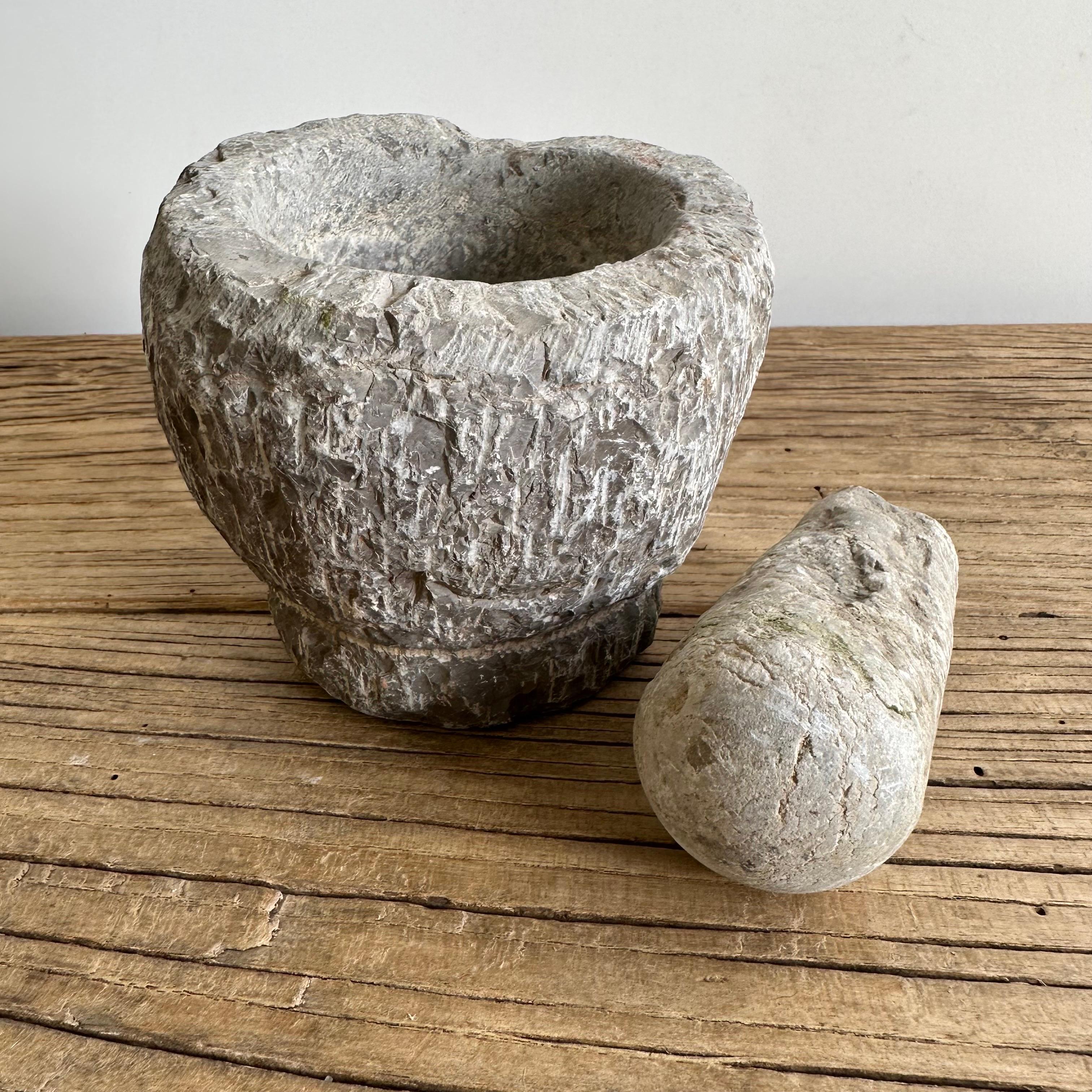 Vintage Stone Mortar Bowl and Pestle Set For Sale 3