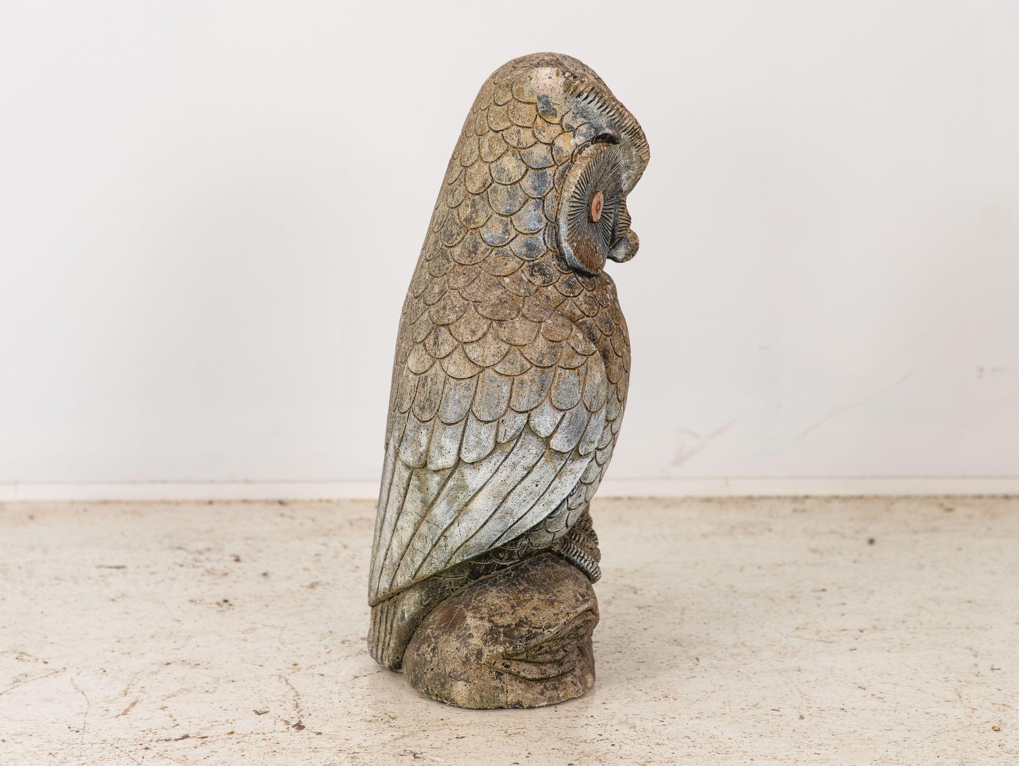 Concrete Vintage Stone Owl Garden Ornament, French Mid 20th C.