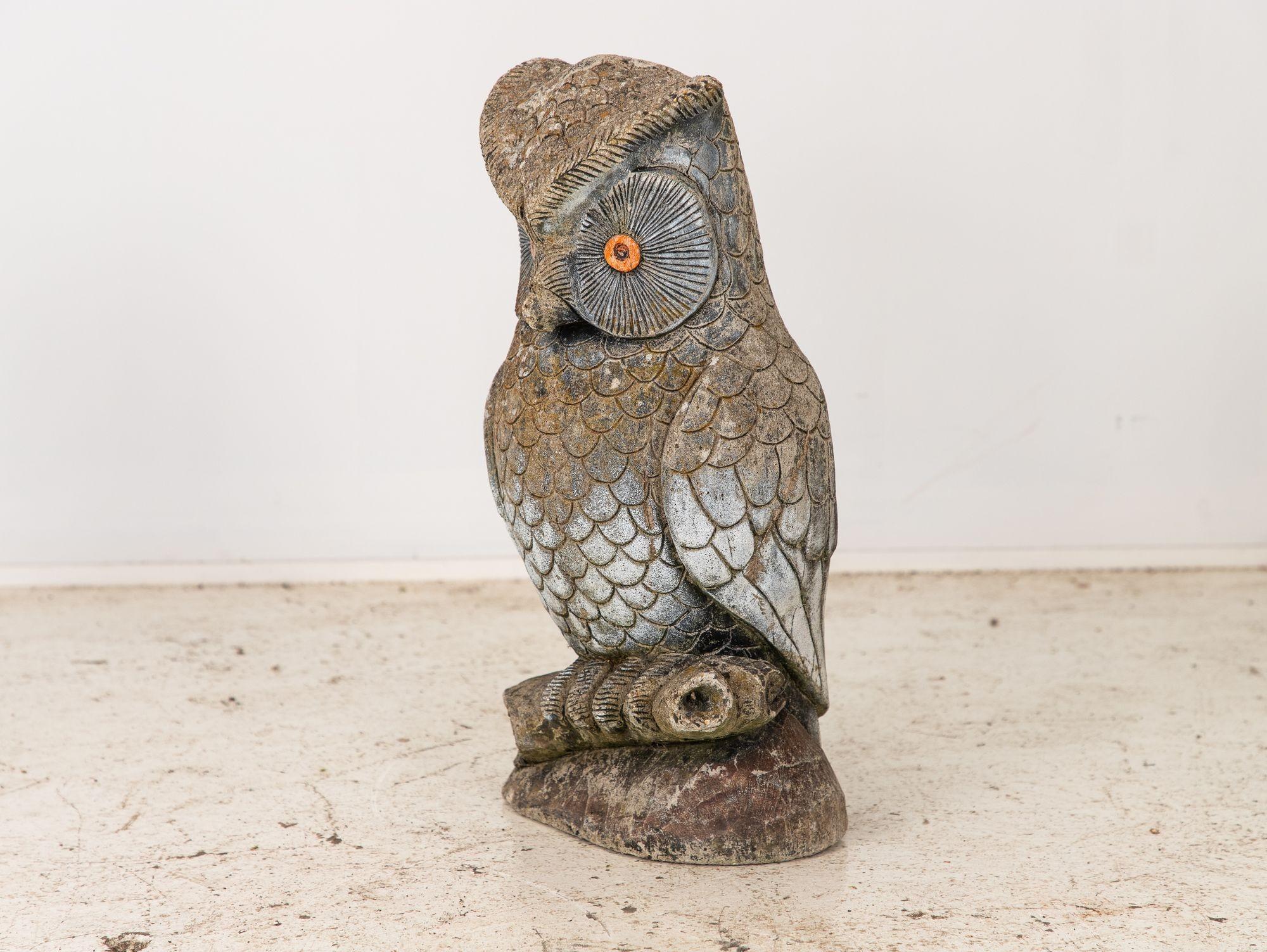 Vintage Stone Owl Garden Ornament, French Mid 20th C. 1