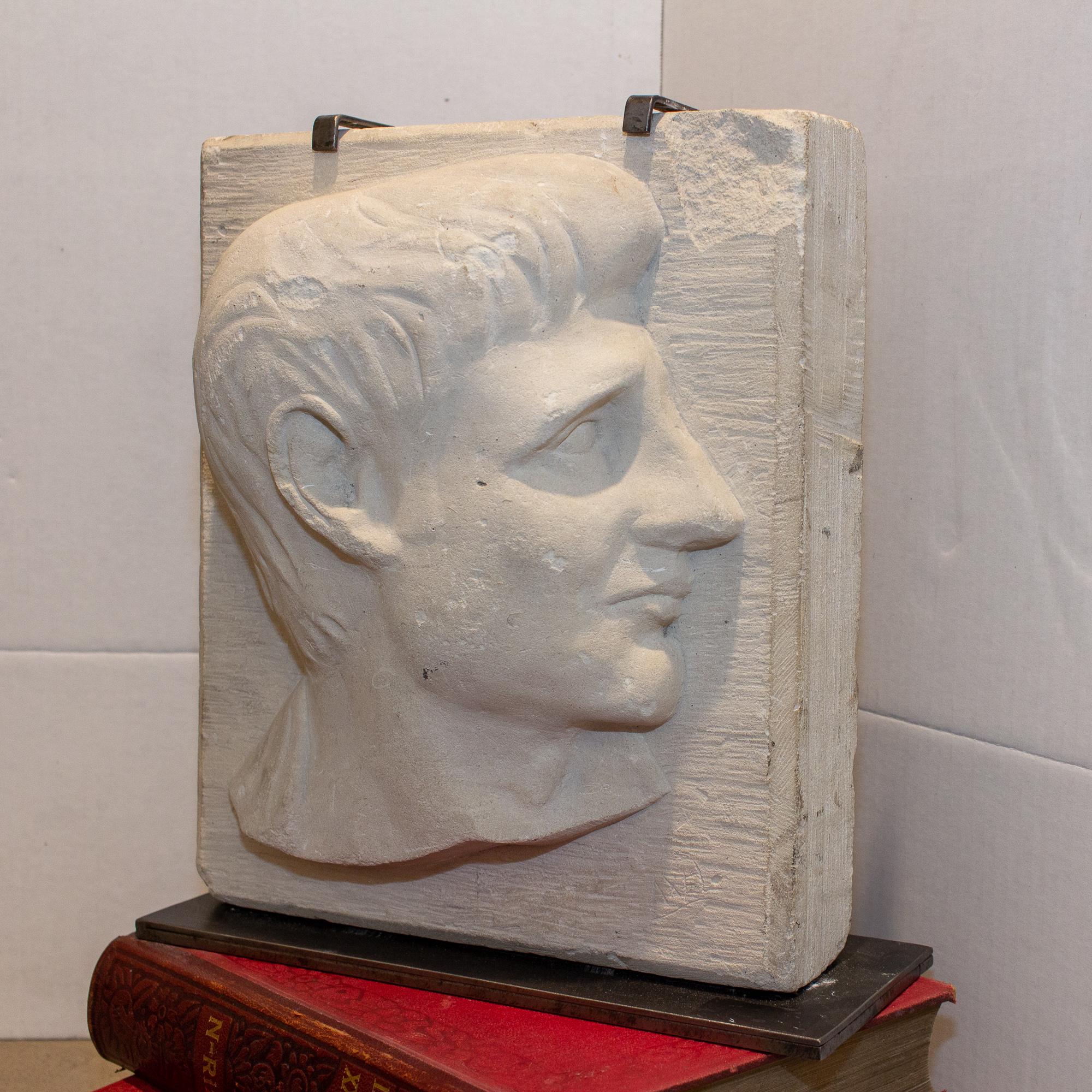 Hand-Carved Vintage Stone Portrait Relief on Iron Stand