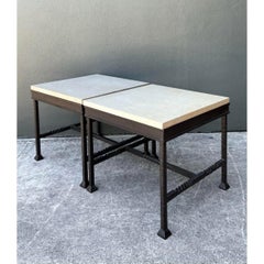 Vintage Stone Top Twisted Iron Side Tables - A Pair