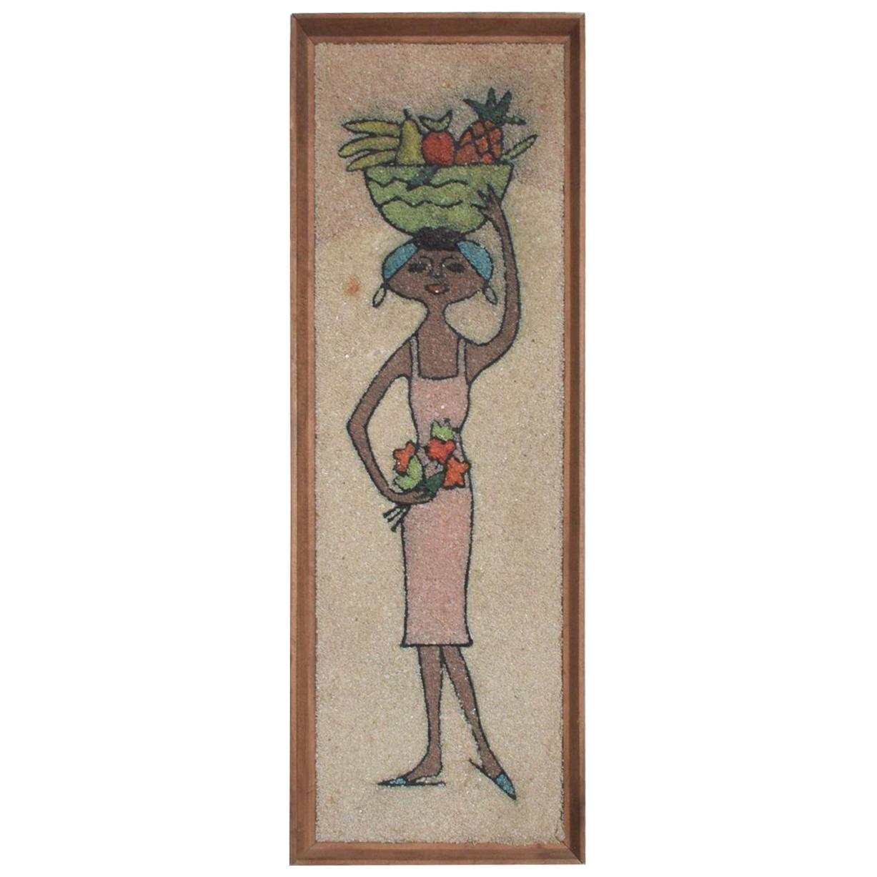 Stone Wall Art Mixed Media Woman Fruit Basket on Head Folk Art Mexico 1960s