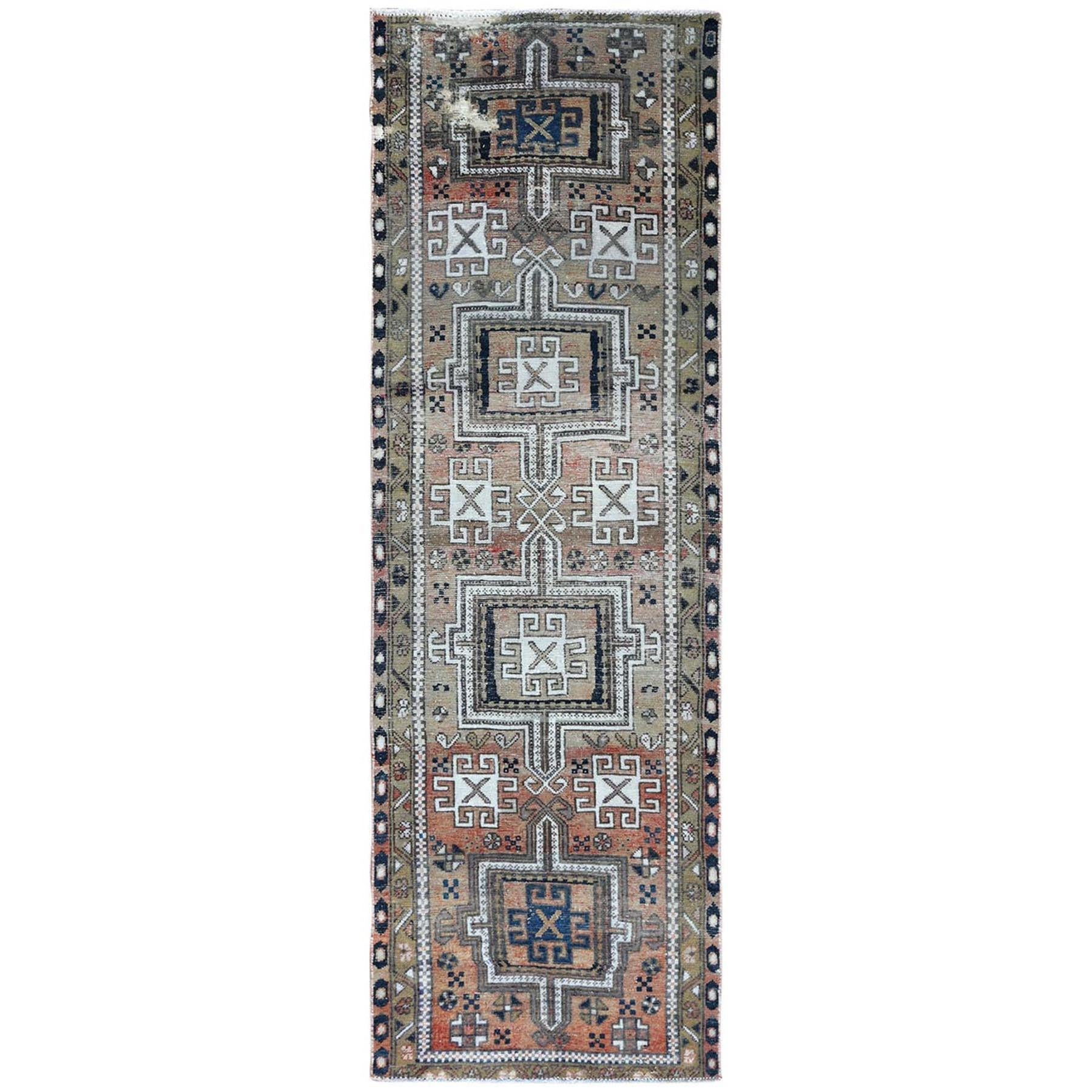 Vintage Worn Down SunFaded Coral Red Persian Heriz with Square