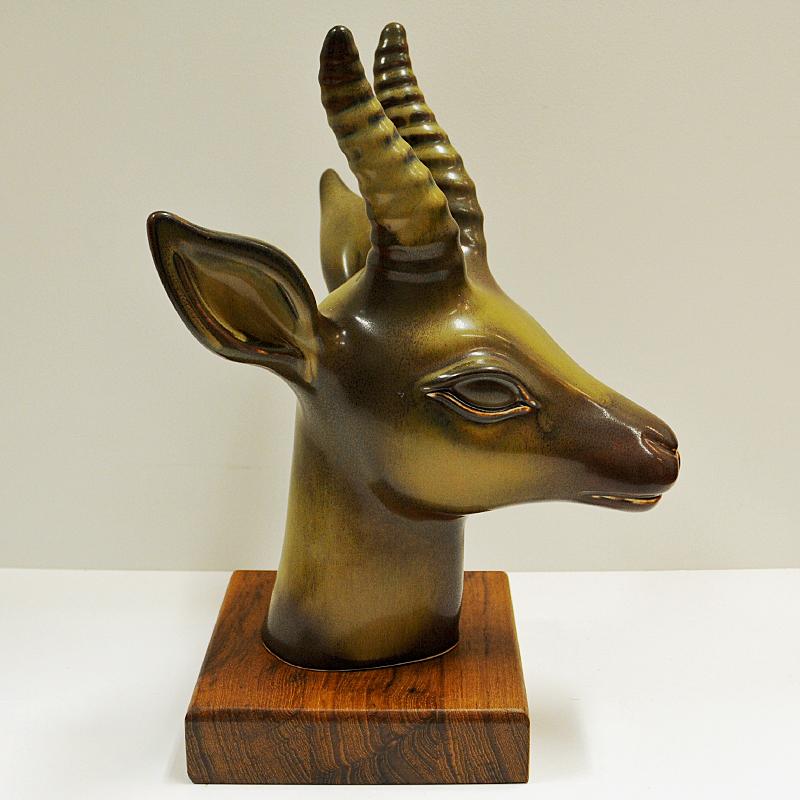 Glazed Vintage Stoneware Deer Head 1940s by Gunnar Nylund, Rörstrand-Sweden